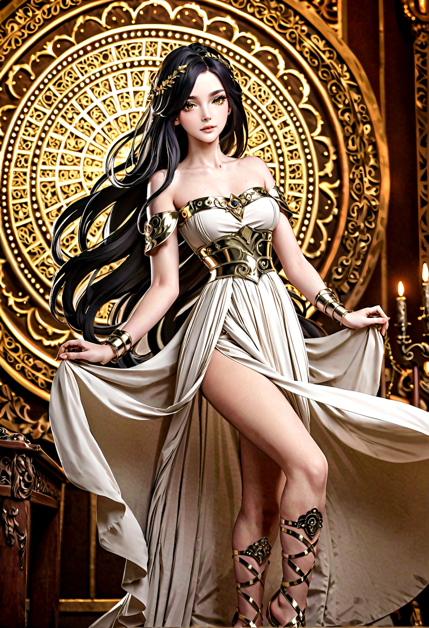 20 years old, with long black hair down to her waist, golden eyes. She wears jewelry and dresses in an antique style, donning a long white dress with golden details. She wears elegant gladiator sandals. She possesses golden powers and has a golden-themed background.
