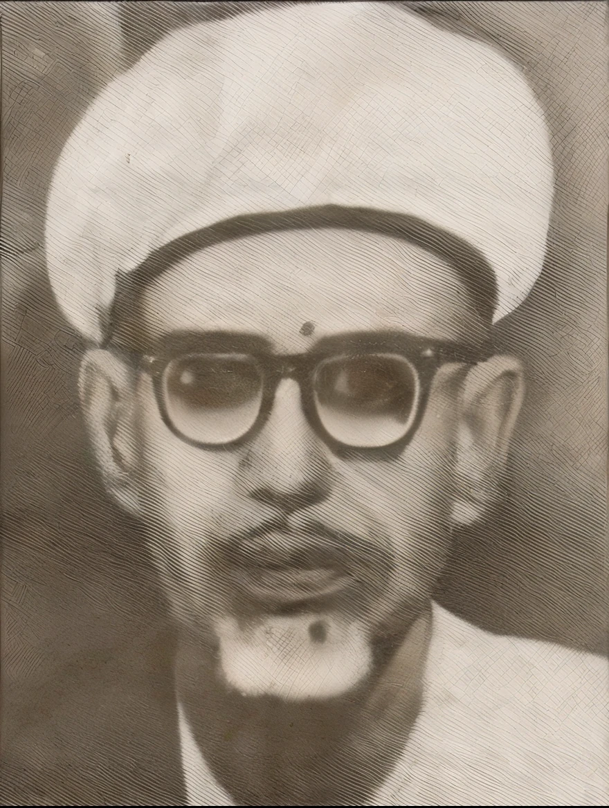 Muslim man from Indonesia, 50 years old, brown skin, wearing a white robe, white turban and sunglasses looking at the camera with his mouth closed. make it like the original image.