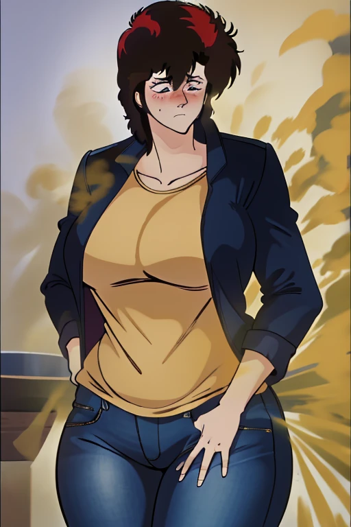 HD, high quality, high resolution, ultrahd,Kaori Makimura, 1female, wearing casual outfit, Dark coat, jeans, default hair, brown hair, tall body, big body, massive ????, yellow smoke, clenching teeth, wide eyes, leaning, embarrassed, blush