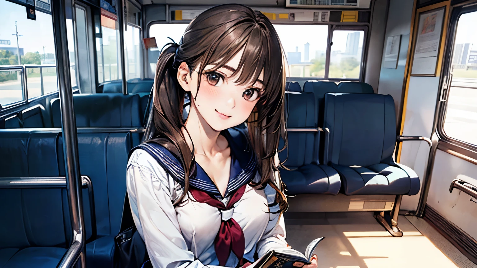 (masterpiece:1.2, highest quality), (Realistic, photoRealistic:1.4), Beautiful illustrations, 
View Viewer, Cowboy Shot, Front view:0.8, 
1 girl, Japanese, high school girl, (Long Hair:1.5), Light brown hair, (Side Ponytail), Big Breasts:0.8, White skin、Beautiful Hair, Beautiful Face, Beautiful fine details, Beautiful clavicle, Beautiful body, Beautiful breasts, Beautiful thighs, Beautiful feet, Beautiful details on the fingers, Five Fingers, 
(Beautiful views), , by bus, Bus seats,
((cute , Long sleeve, Pleated skirt, Sailor collar, scarf)), White panties, 
Sitting, Bus seatsに座る, 
smile, ,Reading a book