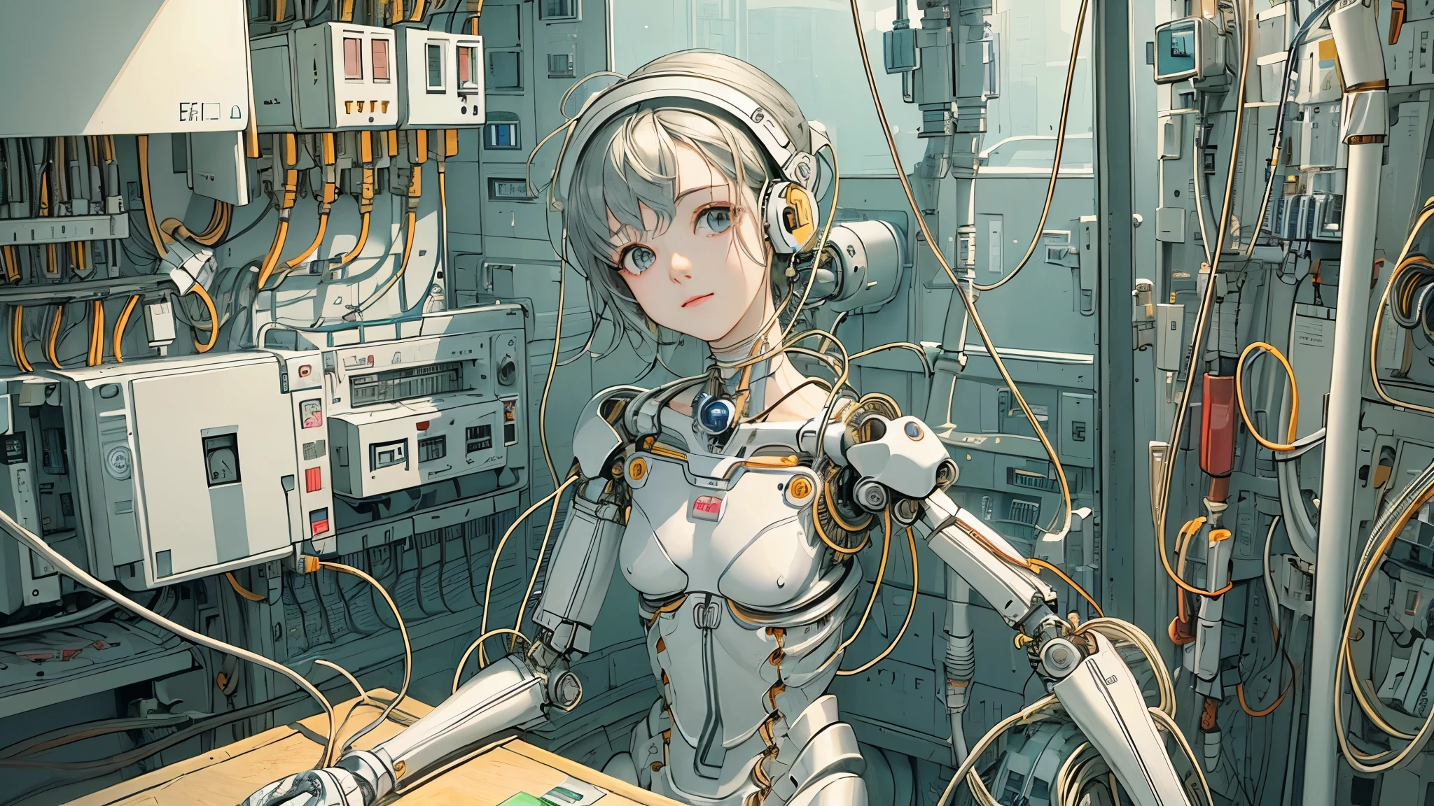 (((masterpiece))), (((highest quality))), ((Very detailed)), (Highly detailed CG illustrations), ((Very delicate and beautiful)),(Cute and delicate face),Light,((1. Machine Girl)),alone,whole body,(Machine made joints:1.4),((Mechanical Limbs)),(Muscles swell),(The vessel is connected to the tube),(Brain in a container:1.3),((Mechanical vertebrae attached to the back)),((Mechanical cervical spine attached to the neck)),((Sitting)),poker face,(Wires and cables attached to head and body:1.5),Small breasts,short hair,(Character Focus),sf