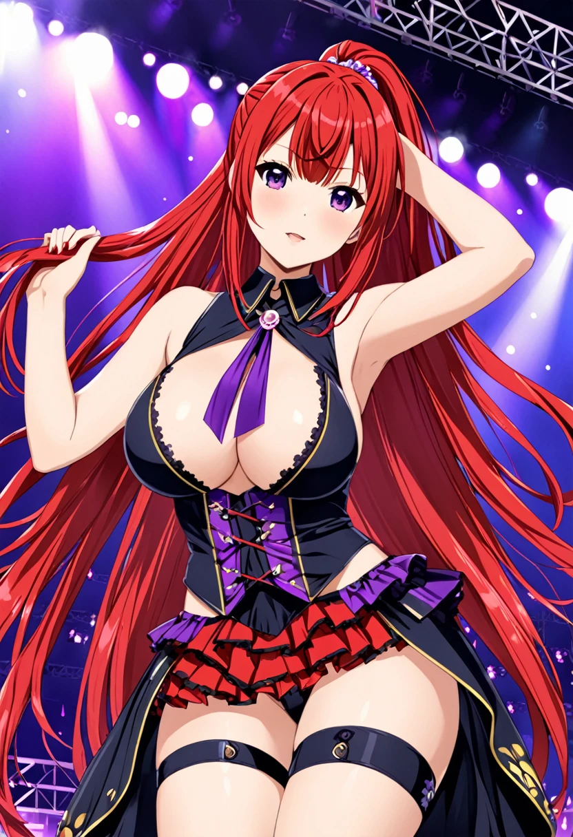 ASAMIKEI, red HAIR, PONYTAIL, LONG HAIR, SIDELOCKS, PURPLE EYES,, large breasts, live stage,  solo nipple 