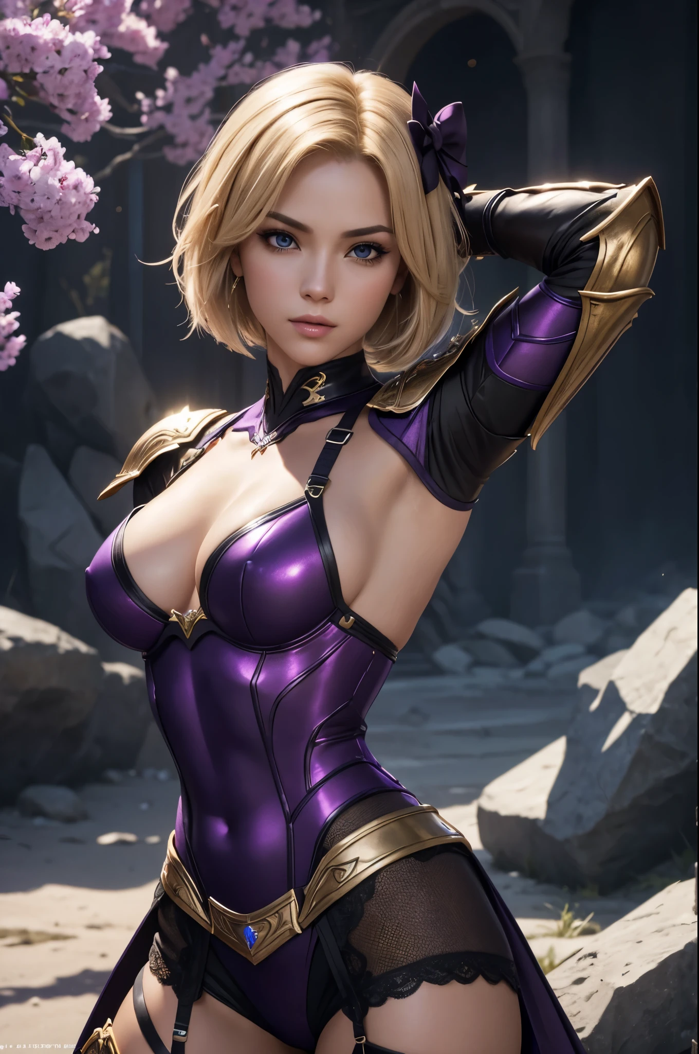 8K,Short blonde bob hair,Super Beauty,Arafed woman in purple and black breast armor posing with a bow, super detailed Fantasy Characterss, 3D Rendering Character Art,ArtJam ; 3D Unreal Engine, Fantasy Costume, 4 k detail fantasy,  Stunning Armor, Fantasy Characters, Gorgeous Female Paladin, Amazing character art,masterpiece,Photorealistic RAW photos of the highest quality。Bright colors,Rich colors, Backlight, Cinema Lighting, Film Grain, to be born, 50mm lens, Nikon D850,Ultra-high resolution,Ultra-Realistic Skin,Perfect hand shape,Fantastic landscape,Makeup,Hard and strong abs,Possesses a gorgeous purple and black bow,Purple and black combat trousers,Dynamic pose,Ready your bow,Blonde short bob hair,Small breasts,