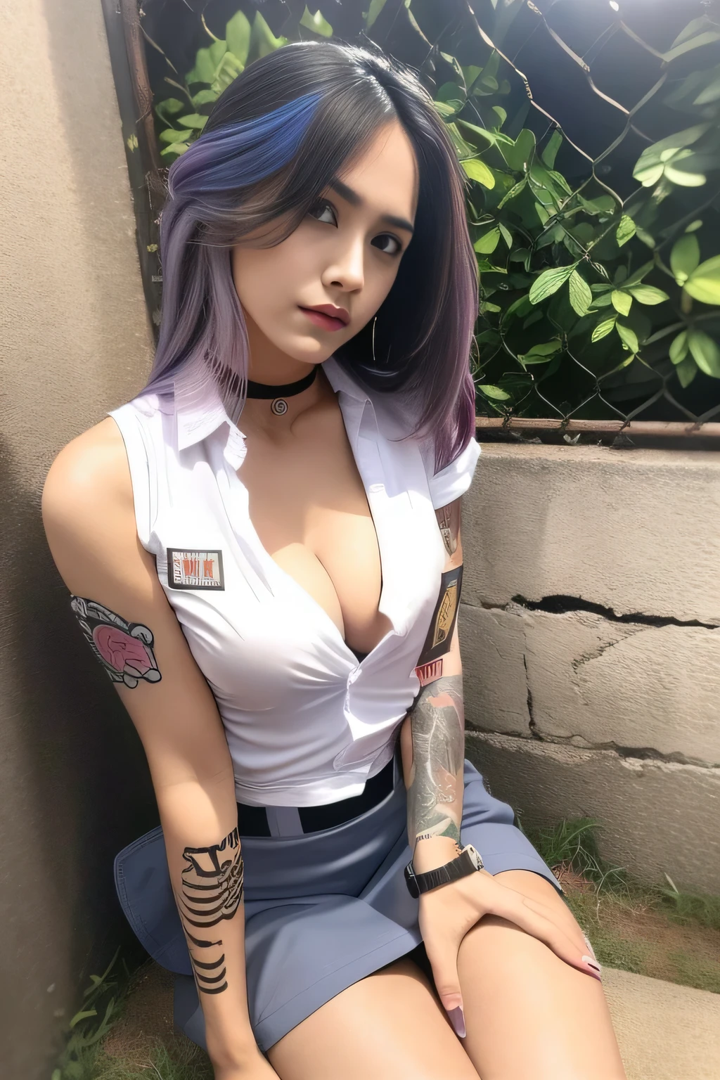 1girl, (indonesian_high_school_uniform), (silver hair), (highlight multicolored hair), crowded, (public malls), detailed face, detailed eyes, huge breasts, shiny skin, looking at the audience,(8k, RAW photo, best quality, masterpiece: 1.2), (realistic, realistic: 1.37), ultra-high resolution, (gigantic breast), big breast, deep v neck, (croptop), (bodycon),(very short skirt), (plunge neckline), (mini skirt), choker, button shirt, underboobs, navel, (yakuza tattoo breast, showing all her tattoos, full tattoos), (squat spread legs)