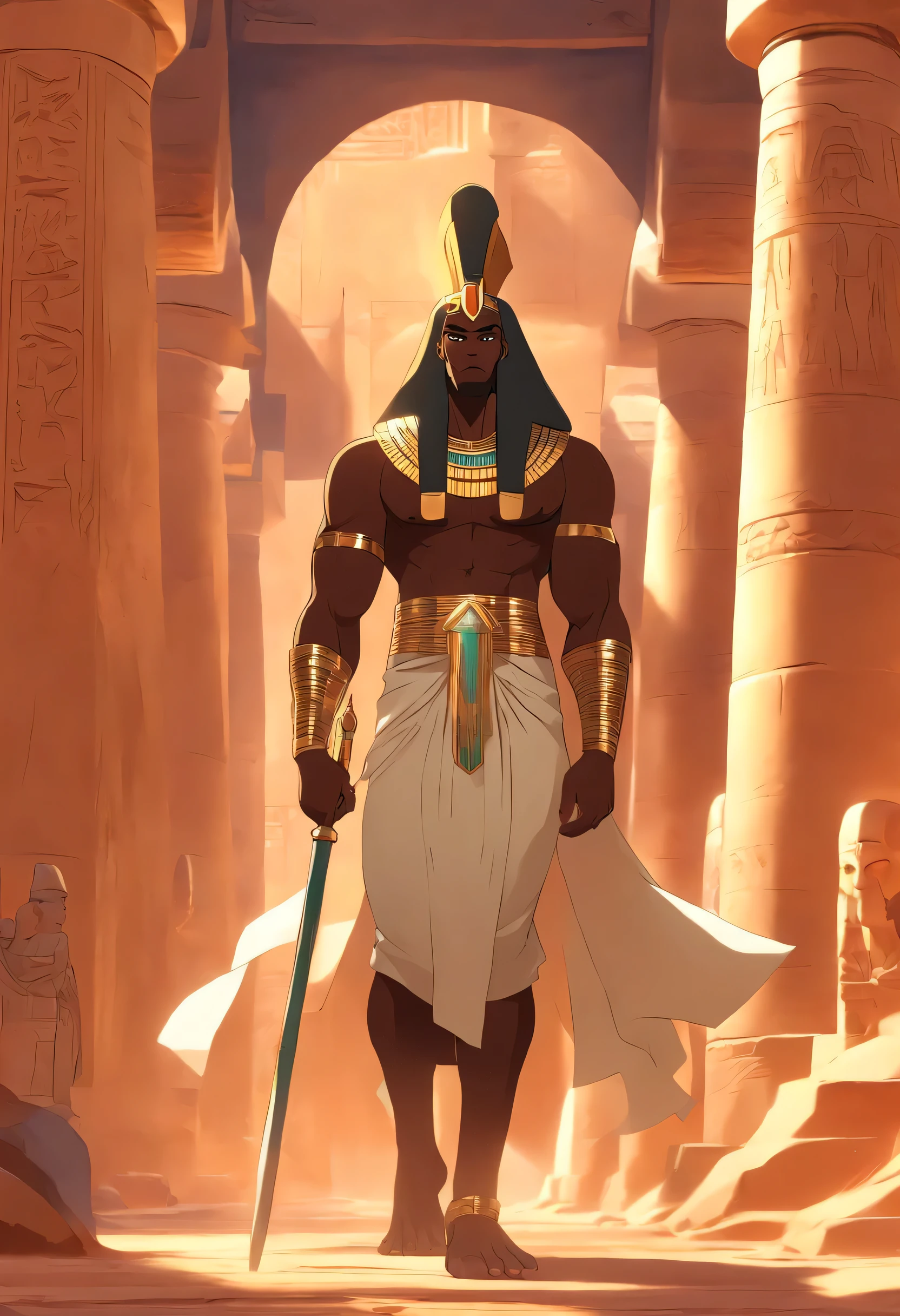 (((Grosse bite d'homme noir))) Best quality, Ultra haute résolution, 4K detailed CG, chef-d'artwork, Egyptian mythology,Min.,Egyptian tomb, L'Egypte ancienne, pose debout, White clothes, Egyptian clothing, Egyptian Temple, desert, Egypte Antique, ((hand flail)), Egyptian palace, aesthetic, Belle image, Canvas-centric, pose debout