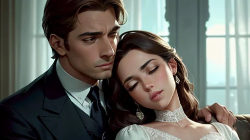 {um casal apaixonado}, anos bem elegante, She has her head resting on his chest, drama, romance, cinematographic, hiper realista, alta qualidade.tempos moderno.