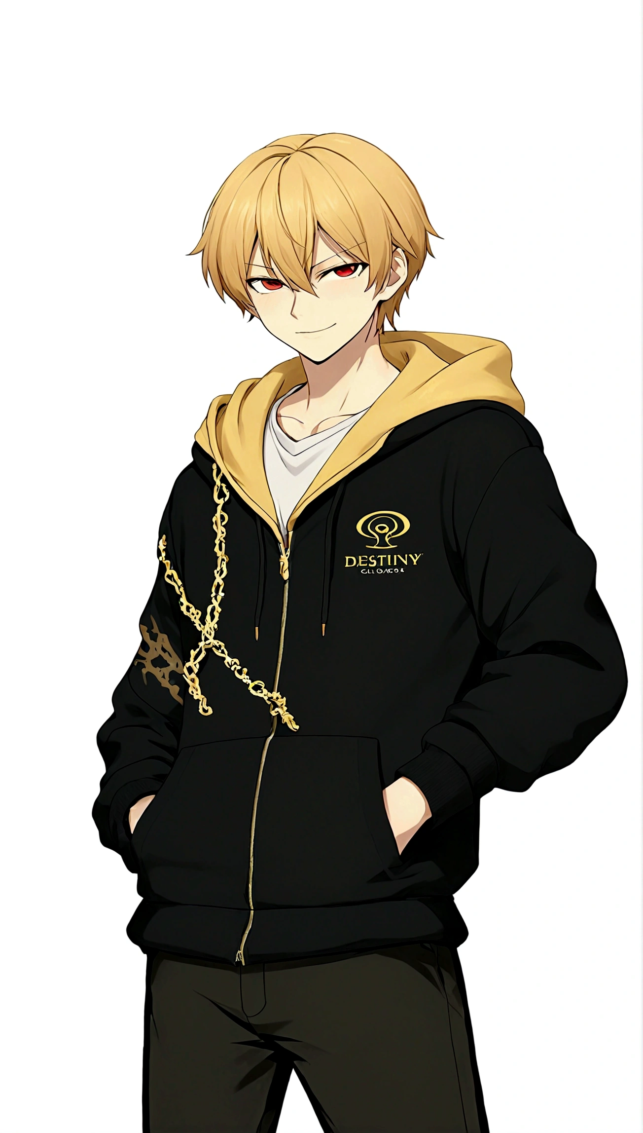 1boy，Black jacket，hoodie，White shirt，blond，gilgamesh \ (destiny \)，Hands in pockets，hood，hood向下，hoodie，Male focus，Red Eyes