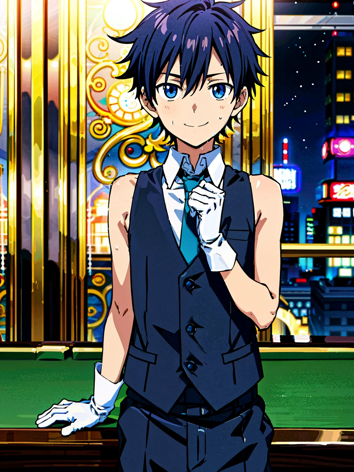 Highres, Masterpiece, Best quality at best,Best Quality,hight quality, hight detailed, Anime style, 1boy, Boy, Shota, Solo person, Sleeveless vest, Narrow shoulder, Tie, Gloves, Choker, Casino, Waiter, night day, Slim body, smile, sweat, Body, Simple beckground, Seen from the front, Serving food, ( boy), (very small and short body)