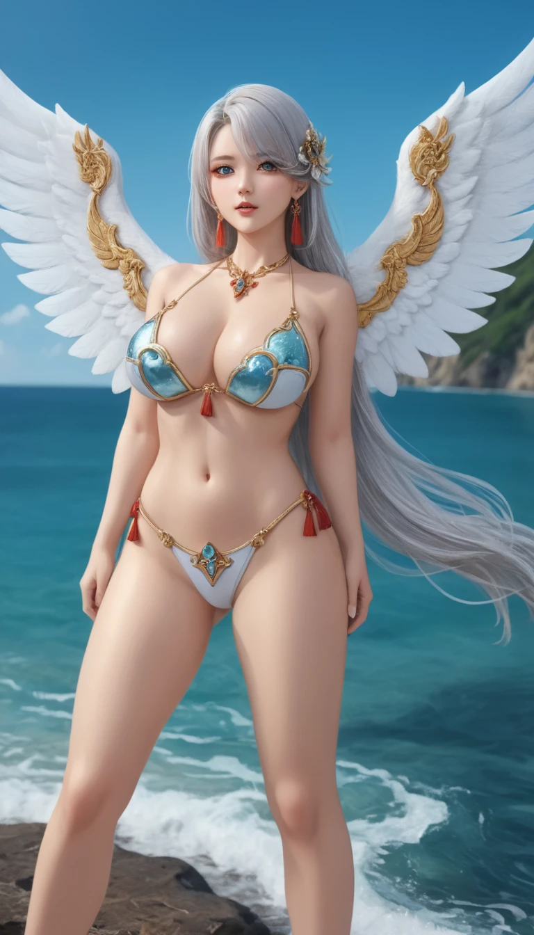 translucent, Good velvet quality, Compared, Divine Light,, Silver gray hair, Sky background, Absolute Strength,Female angels，Wings with the right proportions，Wear sexy bikinis的女孩, at the seaside, Colorful jewel-like eyes.，Large Breasts，Full breasts，Golden ratio figure，Perfect body，Ultra wide-angle shooting，Full body shot，Body close-up，Look at the audience，, Wear sexy bikinis, Model shooting style, Large Breasts，Full breasts，Golden ratio figure，Perfect body，(Extremely detailed CG 8k wallpaper unit), The most beautiful artistic photos in the world, , 8K Ultra HD, Digital SLR Camera, soft light, high quality, Film Grain, Fujifilm XT3 Clear focus, f 5.6, High Detail, Clear focus, Dramatic, (Wearing openwork clothing), (Looking at the audience:1.2), (Natural light), (Tempting)