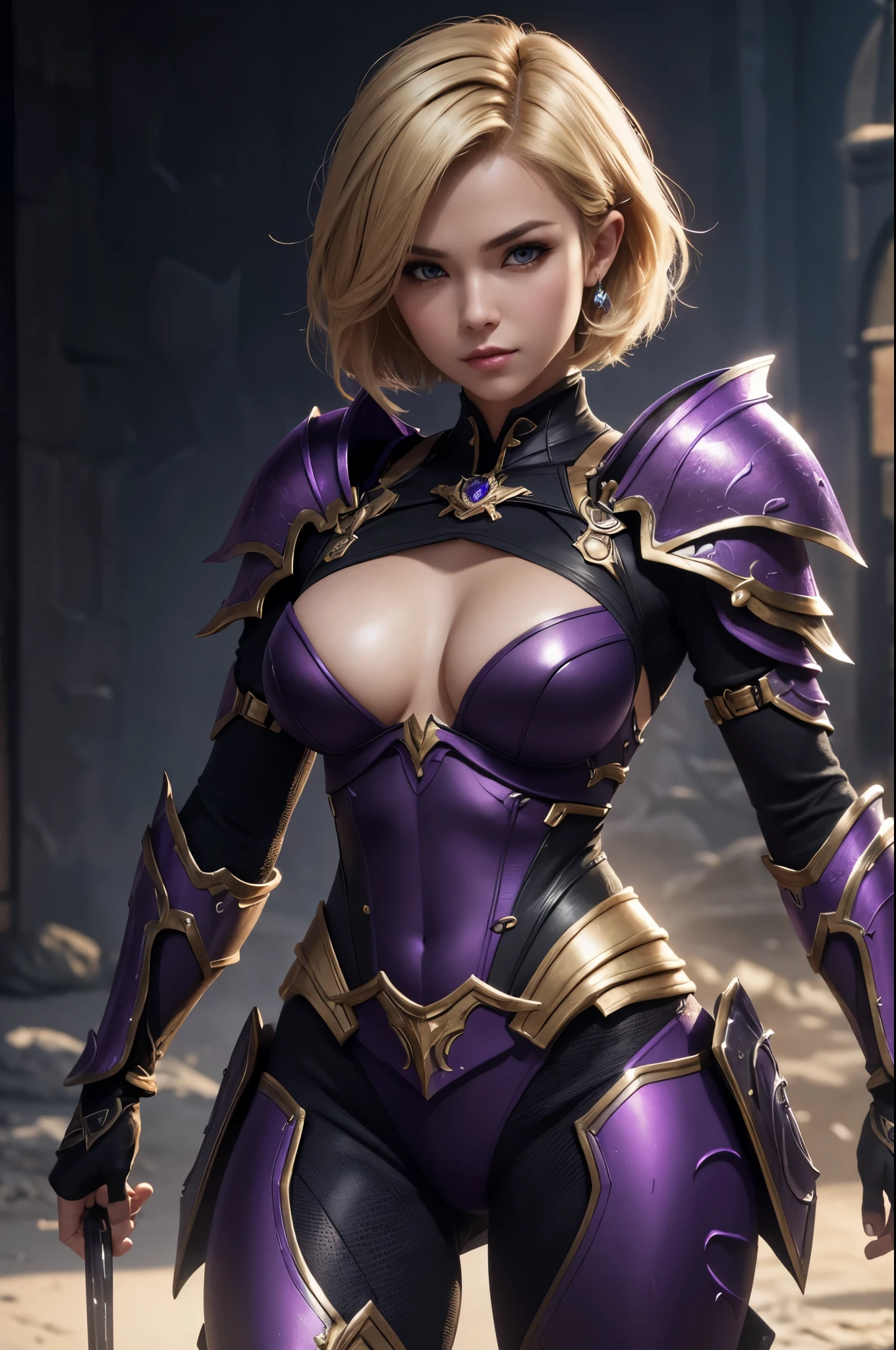 8K,Short blonde bob hair,Super Beauty,Arafed woman in purple and black breast armor posing with a bow, super detailed Fantasy Characterss, 3D Rendering Character Art,ArtJam ; 3D Unreal Engine, Fantasy Costume, 4 k detail fantasy,  Stunning Armor, Fantasy Characters, Gorgeous Female Paladin, Amazing character art,masterpiece,Photorealistic RAW photos of the highest quality。Bright colors,Rich colors, Backlight, Cinema Lighting, Film Grain, to be born, 50mm lens, Nikon D850,Ultra-high resolution,Ultra-Realistic Skin,Perfect hand shape,Fantastic landscape,Makeup,Hard and strong abs,Possesses a gorgeous purple and black bow,Purple and black combat trousers,Dynamic pose,Ready your bow,Blonde short bob hair,Small breasts,