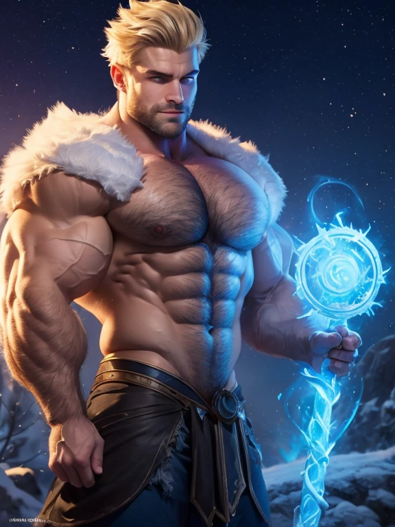 A frost mage is shaping two spirals of  frozen fire around himself. He is an absolute muscle monster, 20 years old short blond hair and stubble. Obscenely wide shoulders and traps. Very defined ‘V’ body shape with a narrow waist. Well defined six pack. Exceptionally hairy chest. Spinning a staff around himself