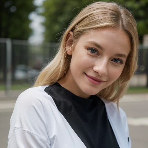 blond,belle,visage parfait, lipstick, sourire, cheveux longs, elle est chez elle, on ne vois pas son corps, she is very beautiful and happy, elle est fatiguée , elle est dans le noir, elle est en jogging blanc, elle a un grand sourire, elle fait une pose sexy, elle est sublime, elle est en tenue de sport blanche,