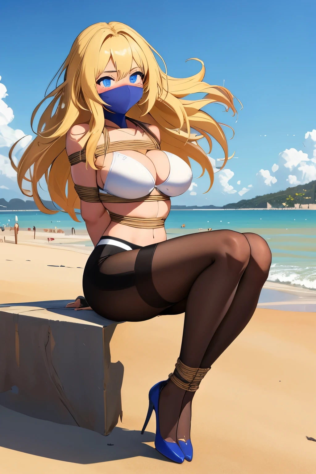 1 girl, detailed blue eyes, lange wimpern, detailed beautiful face, (Long blonde hair:1.4), festgebunden, (arms behind back:1.6), gefesselte Arme, blushing, (Big boobs:1.1), White Bikini, White crop top, OTN, Gag, gagged, shibari, tied Gag, Standing at a beach, high heels, sitting