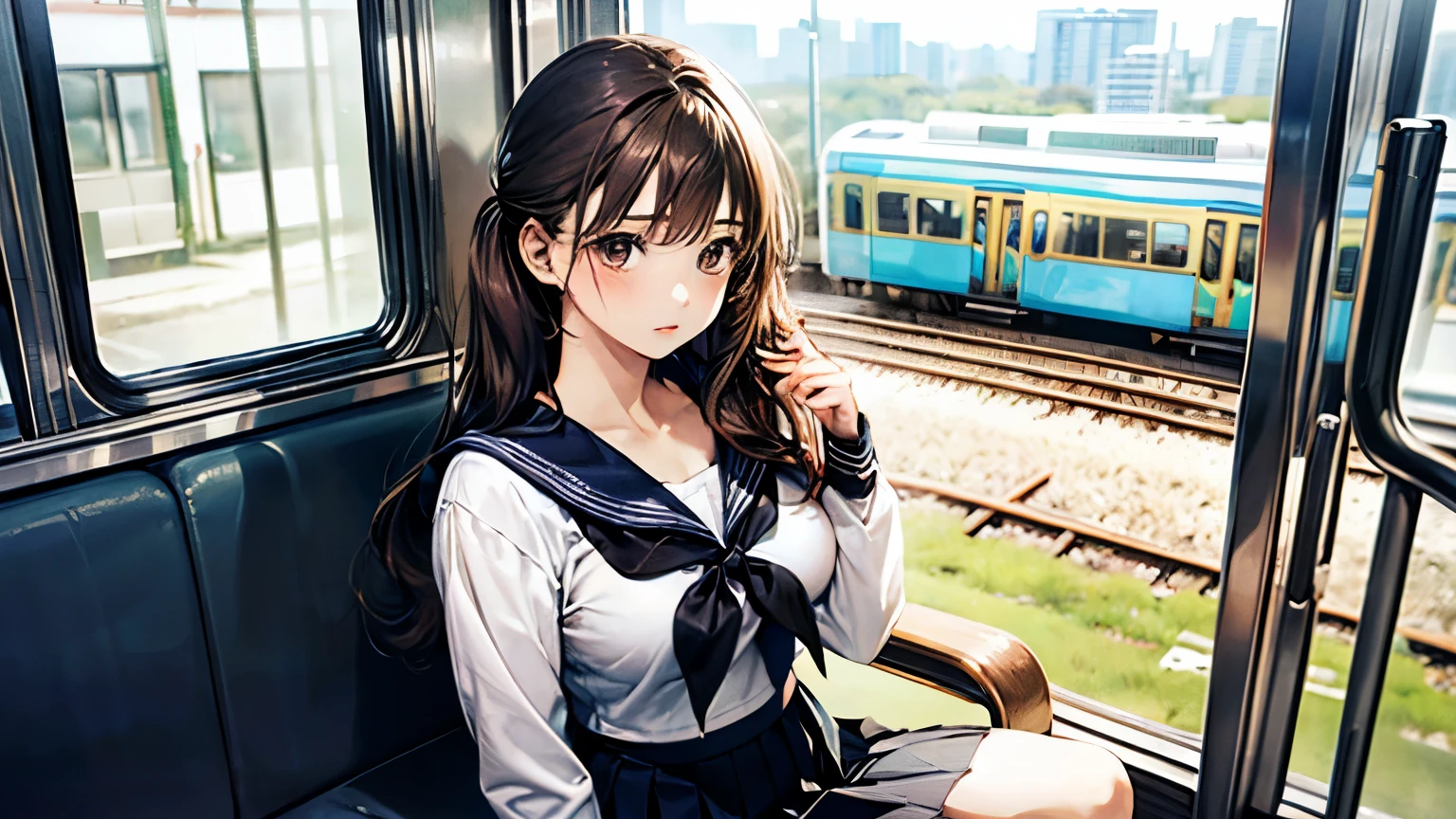 (masterpiece:1.2, highest quality), (Realistic, photoRealistic:1.4), Beautiful illustrations,
View Viewer, Cowboy Shot, Front view:0.8,
1 girl, Japanese, high school girl, (Long Hair:1.5), Light brown hair, (Side Ponytail), Big Breasts:0.8, White skin、Beautiful Hair, Beautiful Face, Beautiful fine details, Beautiful clavicle, Beautiful body, Beautiful breasts, Beautiful thighs, Beautiful feet, Beautiful details on the fingers, Five Fingers,
(Beautiful views), , by bus, Bus seats,
((cute , Long sleeve, Pleated skirt, Sailor collar, scarf)), White panties,
Sitting, sit in a train seat,
Sad look, ,Reading a book