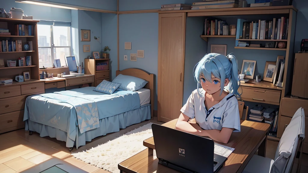 Scene: "Study and Reflection"
Location: Girl's room, 16 years old, with light blue hair and blue eyes.
Character: Lily, a 16-year-old student with light blue hair and blue eyes.
Goals:
Show Lily's study environment.
Show off your personality and style.
Reveal your concerns about the school and your plans for the future.
Scene:
(Lily sits on her bed, with her laptop open in front of her. She has an air of concentration, with her eyes fixed on the screen. The room is simple, with a bed, a study table and a chair. There is some books and personal objects scattered around the room.)