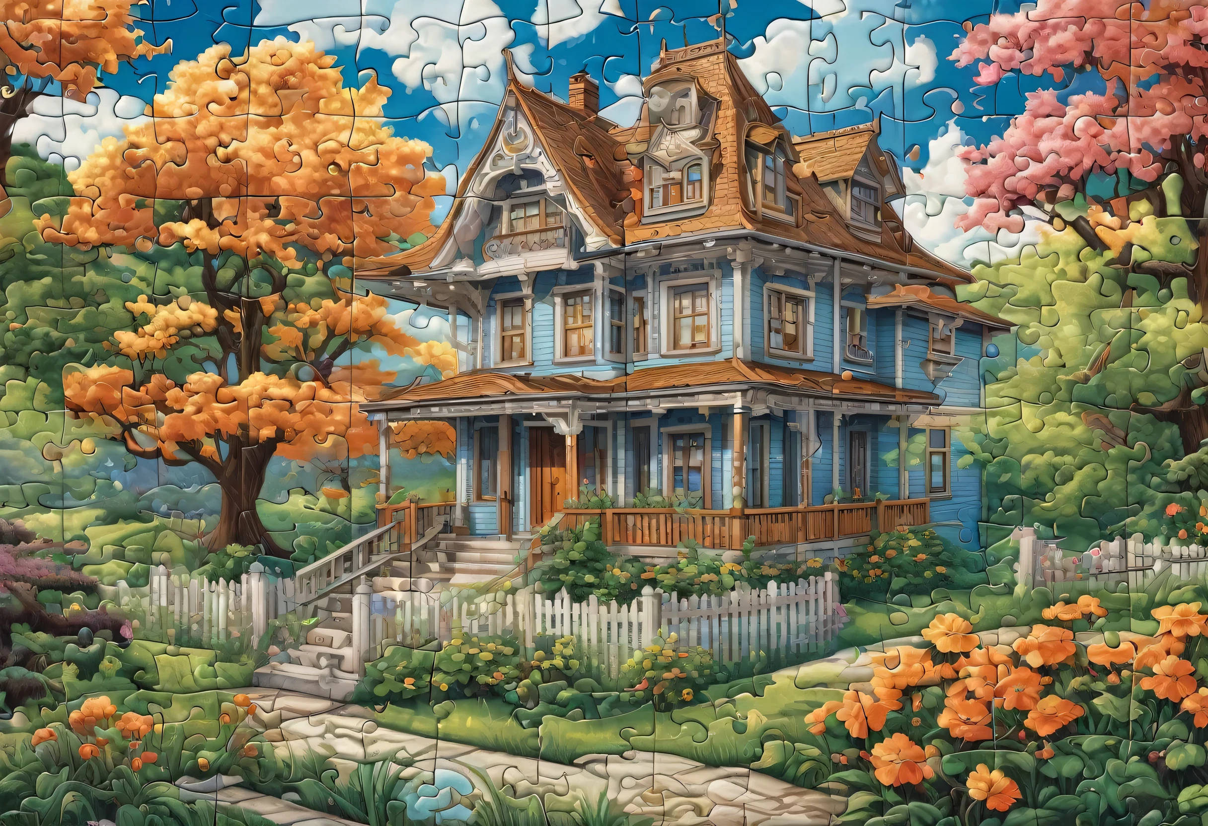 Close-up of a puzzle box with a picture of a house on it, Mort Kunstler-inspired jigsaw puzzles, Shutterstock, Art Nouveau, city, Akihiko Yoshida, kill, Des Kunstler, killous, 2023 4k, 40k, 4 0 Km, Mystery and detective theme, Far Distance - Mid Shot