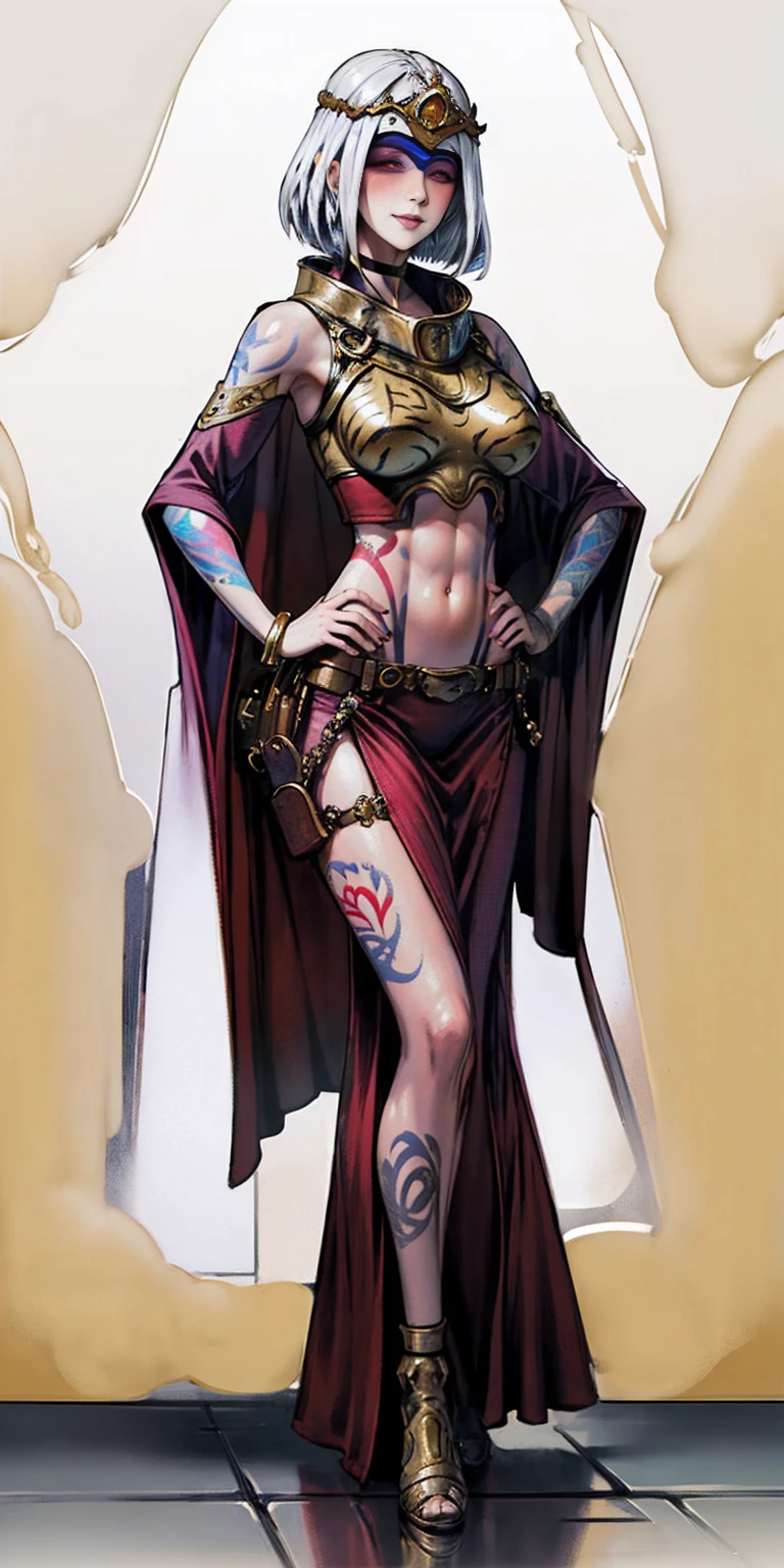 Two long thighs, short hair, large breasts, detached sleeves, very white background, royal tiara, long cape, yellow tiger bikini, high heels, hands on hips. red tattoo on belly navel, full body female MILF BIMBO, lustful smirking smile face (red blush), metal shoulders, golden bracers sleeveless, black choker sex slave, blindfolded, leather corset abs navel, parted lips, blindfolded