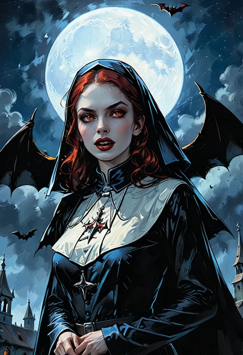 a picture of an exquisite beautiful female nun vampire standing under the starry night sky on the porch of her monastery, ultra feminine, (pale skin: 1.3), red hair, wavy hair, dynamic eyes color, cold eyes, glowing eyes, intense eyes, dark red lips, ((fangs: 1.1)), wearing (white nun tight וuniform: 1.3), wearing (blue cloak: 1.3), long cloak, flowing cloak, wearing (high heeled boots: 1.3), sky full of stars background, moon, bats flying about, action shot, high details, best quality, 16k, ((ultra detailed: 1.5)), masterpiece, best quality, portrait shot, photorealism, dark fantasy art, gothic art, many stars, sense of dread, GlowingRunesAI_red, dark novel