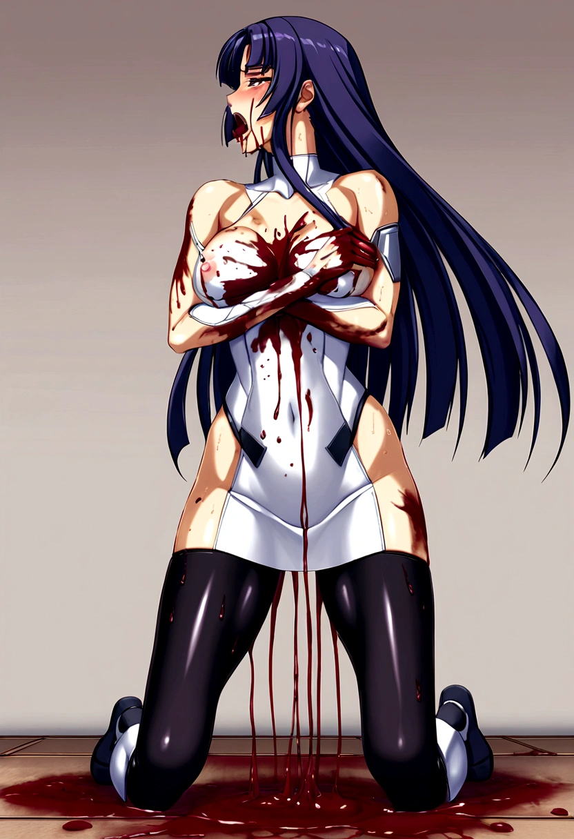 NSFW,taimanin,((Yatsu Murasaki)),Full Body、cutting body,Kneeling,(Woman covered in blood,blood is flowing from the mouth),Ripped purple bodysuit,Being shot,