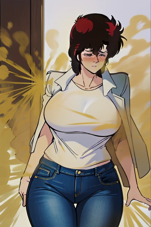 HD, high quality, high resolution, ultrahd,Kaori Makimura, 1female, wearing white blouse, Dark coat, jeans, default hair, brown hair, very tall body, slim body, massive fart, yellow smoke, clenching teeth, wide eyes, leaning, embarrassed, blush