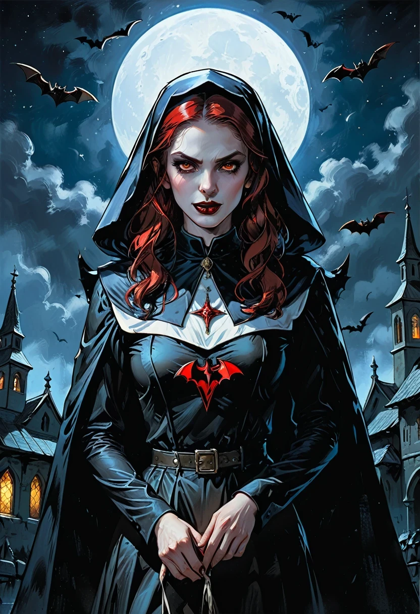 a picture of an exquisite beautiful female nun vampire standing under the starry night sky on the porch of her monastery, ultra feminine, (pale skin: 1.3), red hair, wavy hair, dynamic eyes color, cold eyes, glowing eyes, intense eyes, dark red lips, ((fangs: 1.1)), wearing (white nun tight וuniform: 1.3), wearing (blue cloak: 1.3), long cloak, flowing cloak, wearing (high heeled boots: 1.3), sky full of stars background, moon, bats flying about, action shot, high details, best quality, 16k, ((ultra detailed: 1.5)), masterpiece, best quality, portrait shot, photorealism, dark fantasy art, gothic art, many stars, sense of dread, GlowingRunesAI_red, dark novel