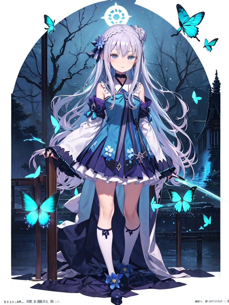 (俯瞰figure),Dynamic Angle,Super detailed, figure, close, Straight, One girl, (Fantasy:1.4), (Blue Eyes:1.233),Her eyes shone like dream-like stars,(Glowing Eyes:1.233),(Beautiful and detailed:1.1),(Silver Hair:1.14),(Messy Hair,Very long hair,French Braid,Hair between the eyes,Side Lock), (+(Blue Hair Flower:1.14)),(Chiffon dress,blue floral pattern on uniform)/=(uniform:1.24),(Removable sleeves,Wide sleeves),(Fingerless gloves),choker,(Shrine Maiden Knee Socks),High heel boots,(Expressionless,Mouth closed),(Are standing), (In the white ancient palace、Classic princess bedroom with dressing table and French windows),(White flower,bloom),(Deep Sea),(water flowing),(Dull Blue World Tree:1.14),(Remains),(night:1.2),dream-like,soul,(fluorescence),(Flying translucent blue butterfly:1.15), [[Delicate fingers and hands:0.55]::0.85],(Finger details),(Soup packets:0.5),