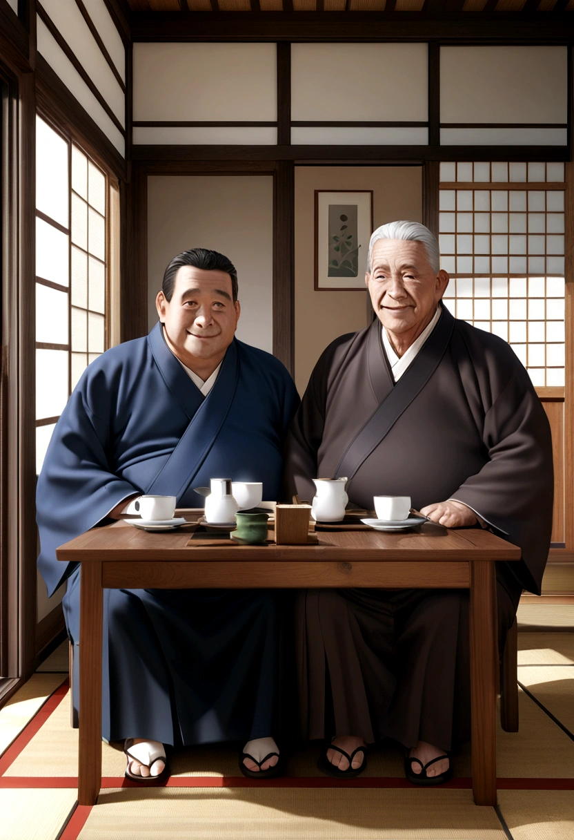 Hyper realistic 3D caricatures of a fat, handsome and clean 35 year old man and a 50 year old grandfather, both with big and small heads, wearing Hakama suits and traditional Japanese wooden sandals, sitting on chairs separated by a table in a traditional Japanese house living room with a white tray table and white cups, facing each other and looking at the camera, in Ultra-HD, HD, 65k resolution.
