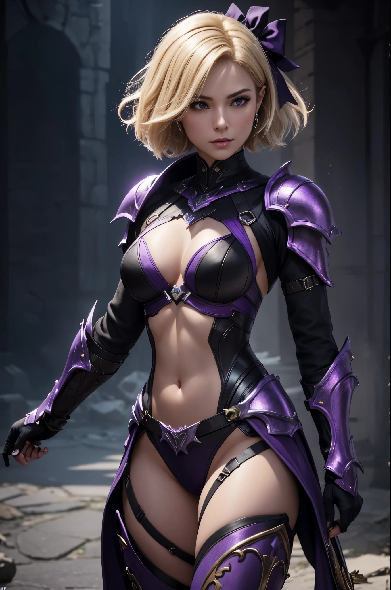 8K,Short blonde bob hair,Super Beauty,Arafed woman in purple and black breast armor posing with a bow, super detailed Fantasy Characterss, 3D Rendering Character Art,ArtJam ; 3D Unreal Engine, Fantasy Costume, 4 k detail fantasy,  Stunning Armor, Fantasy Characters, Gorgeous Female Paladin, Amazing character art,masterpiece,Photorealistic RAW photos of the highest quality。Bright colors,Rich colors, Backlight, Cinema Lighting, Film Grain, to be born, 50mm lens, Nikon D850,Ultra-high resolution,Ultra-Realistic Skin,Perfect hand shape,Fantastic landscape,Makeup,Hard and strong abs,Possesses a gorgeous purple and black bow,Purple and black combat trousers,Dynamic pose,Ready your bow,Blonde short bob hair,Small breasts,Has a large and gorgeous bow,