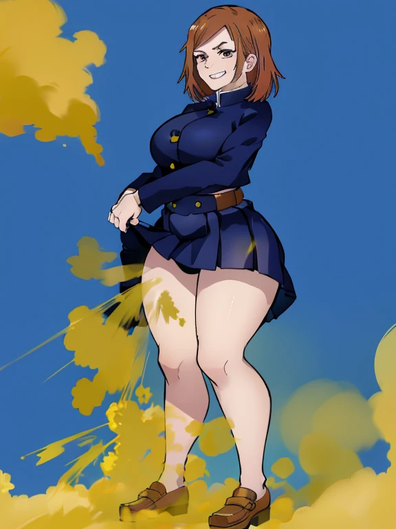 masterpiece, best quality, highres, 1girl, suzumiya haruhi, solo, superhero, leotard, bare legs, brown hair, short hair, brown eyes, hairband, medium hair, ribbon, boots, matching boots, medium breasts, cowboy shot, standing, smile, city backdrop, kyoani haruhi style,