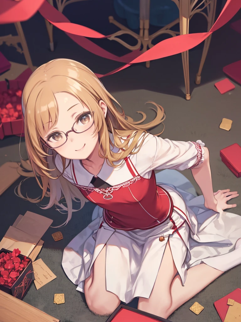 (Small box:1.3),(masterpiece, highest quality:1.4), (beautiful, beautiful, perfection, delicate, complicated:1.2),((highest quality)), ((masterpiece)), (detailed),(High resolution:1.2), classroom, Adult female, Claudia Shaver smiling, Red Shirt, White Skirt, Glasses, bend over, viewing angle,
