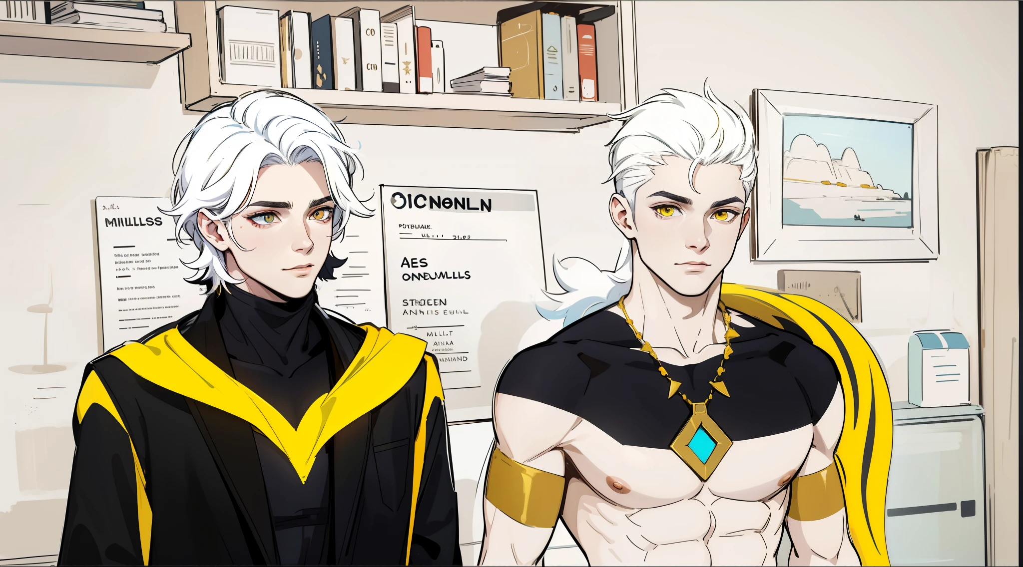 sonrrien con maldad con malicia con picardiahay un dios egipcio y un dios griego tiene tunica negra y amarillo tiene armaduras doradas joyas de oro tienen ojos amarillos y cabello blanco