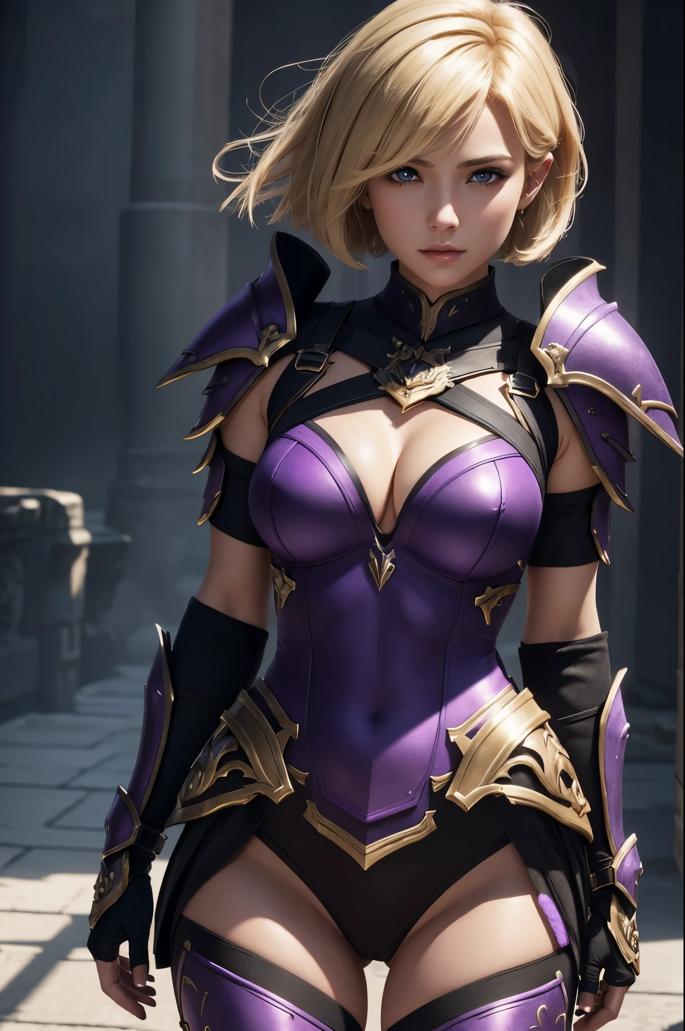 8K,Short blonde bob hair,Super Beauty,Arafed woman in purple and black breast armor posing with a bow, super detailed Fantasy Characterss, 3D Rendering Character Art,ArtJam ; 3D Unreal Engine, Fantasy Costume, 4 k detail fantasy,  Stunning Armor, Fantasy Characters, Gorgeous Female Paladin, Amazing character art,masterpiece,Photorealistic RAW photos of the highest quality。Bright colors,Rich colors, Backlight, Cinema Lighting, Film Grain, to be born, 50mm lens, Nikon D850,Ultra-high resolution,Ultra-Realistic Skin,Perfect hand shape,Fantastic landscape,Makeup,Hard and strong abs,Possesses a gorgeous purple and black bow,Purple and black combat trousers,Dynamic pose,Ready your bow,Blonde short bob hair,Small breasts,Has a large and gorgeous bow,