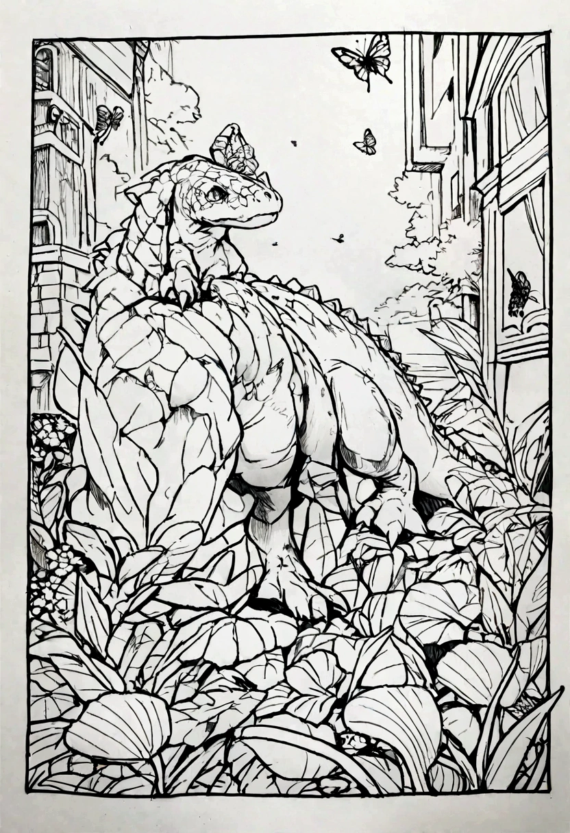 A dinosaur is catching a butterfly in a street, with grass and big flowers.
It is a simple image in a coloring book for kids. The image is black-outlined and has no color.