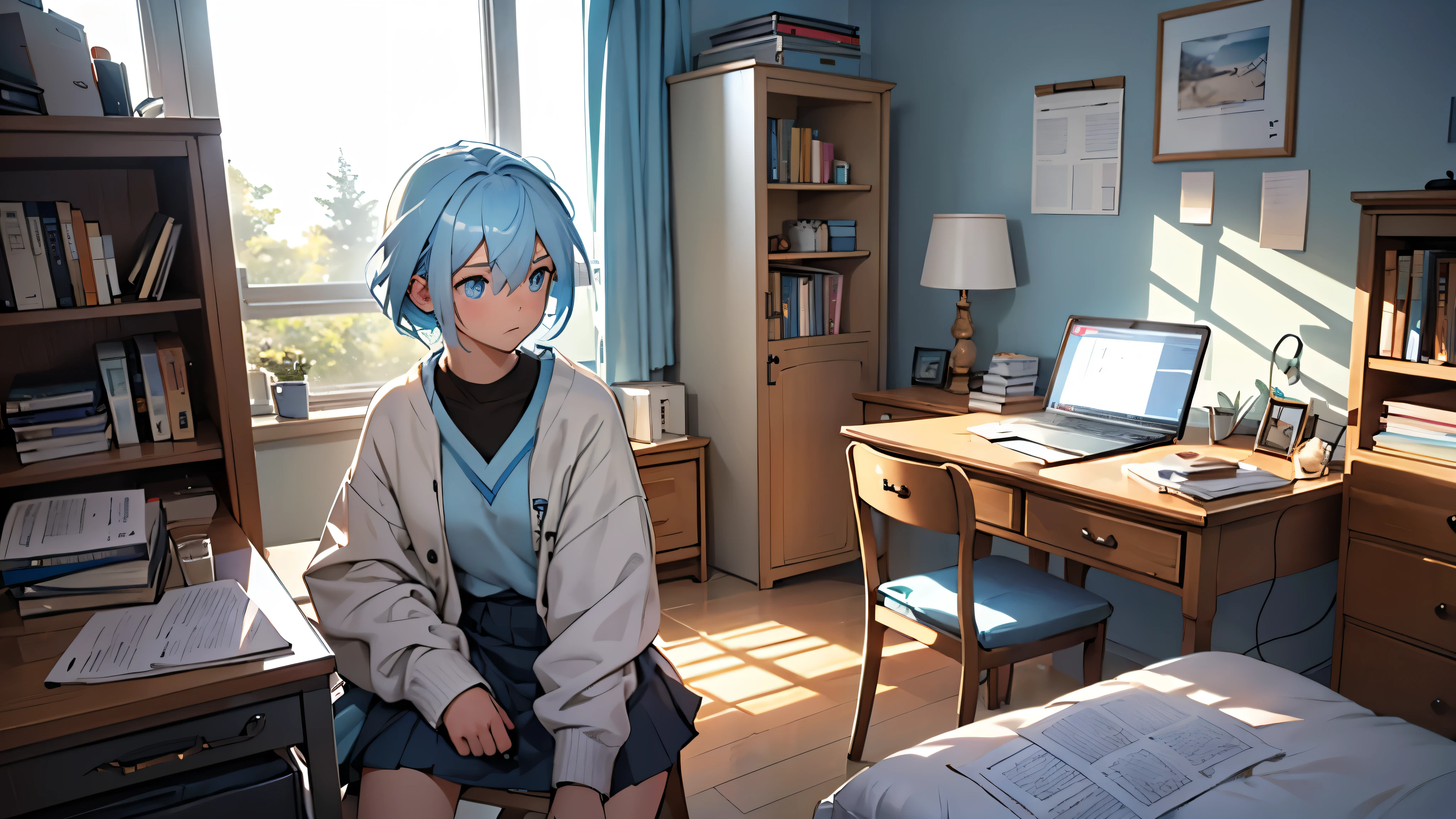 Scene: "Study and Reflection"
Location: Girl's room, , with light blue hair and blue eyes.
Character: Lily, a 16-year-old udeith lt blue hair and blue eyes.
Goals:
Show Lily's study environment.
Show off your personality and style.
Reveal your concerns about the school and your plans for the future.
Scene:
(Lily sits on her bed, with her laptop open in front of her. She has an air of concentration, with her eyes fixed on the screen. The room is simple, with a bed, a study table and a chair. There is some books and personal objects scattered around the room.)