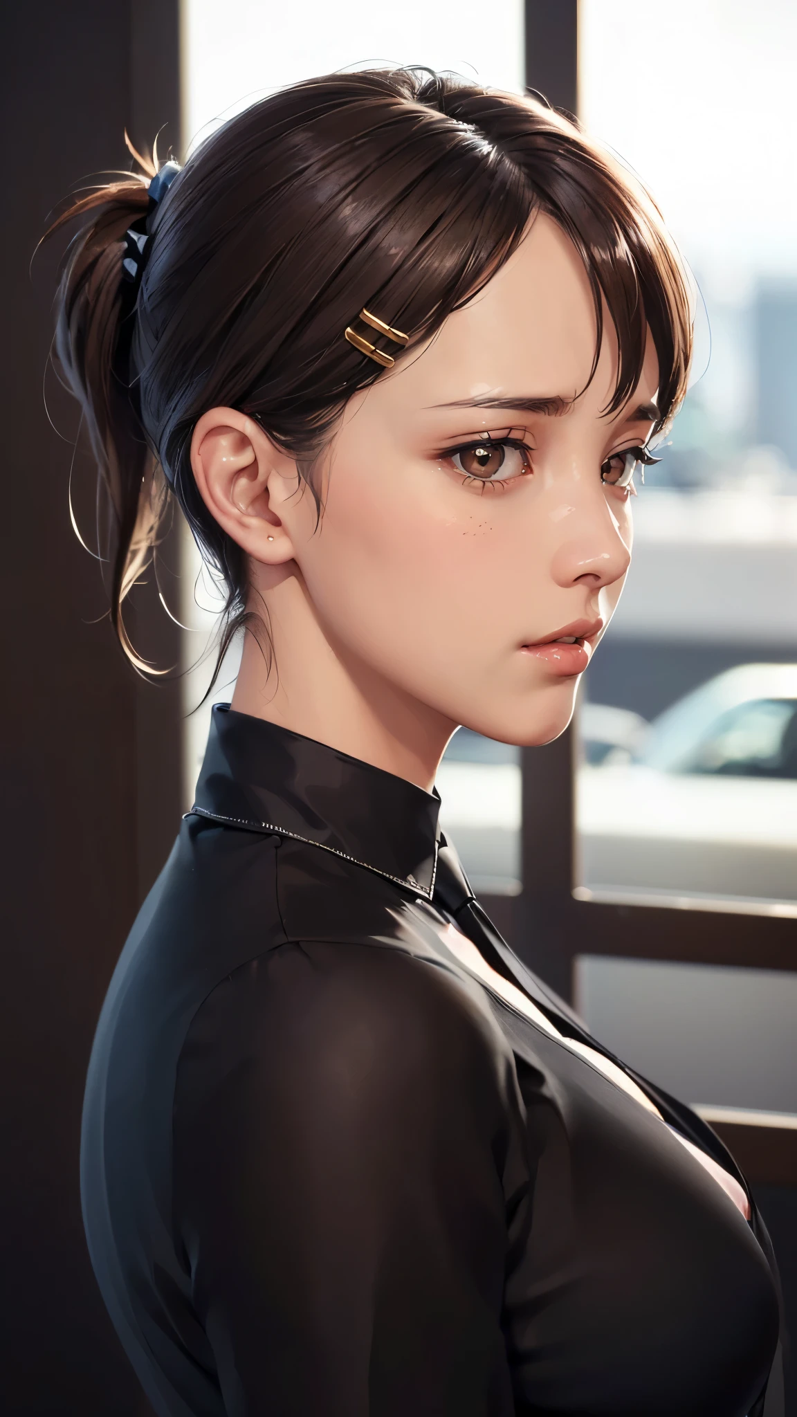 (((Perfect body,White and tender skin,(((black necktie, black pants, business suit, formal, long sleeves, necktie, pants, suit,,))),(((kobeni higashiyama, black hair, hair ornament, hairclip, ponytail, short hair, (brown eyes:1.5),))),((masterpiece)),highres,((Best quality at best)),masterpiece,quality,Best quality,((( Exquisite facial features,Looking at the audience,There is light in the eyes,(((pain,endure))),))),(((Light and shadow,Huge breasts,))),(((Looking at the camera,White background))))