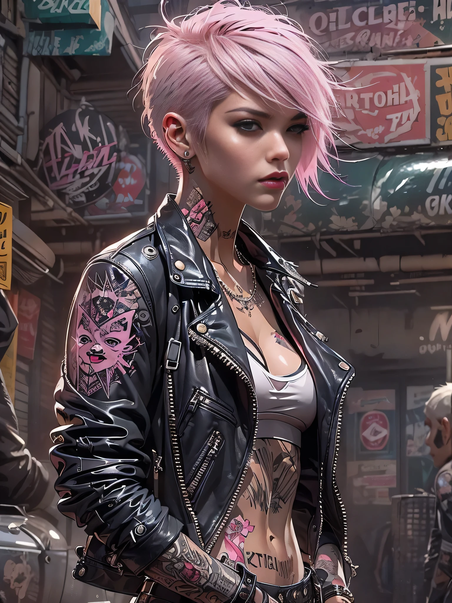 (((of the highest quality: 1.4))),(unparalleled masterpiece ever), (Ultra high definition),(Ultra-realistic 8K CG), offcial art、
(((adult body))), (((1girl in))), ((( Bob Shorthair ))), Punk girl with a perfect body,
Jacket with metal spines,Beautiful and well-groomed face,,Detailed punk fashion,leather jackets, black bra
(Image from head to thigh),((Pink Bob Shorthair )), Small leather panties, Simon Bisley's urban savage style,
Detailed street background of London,
Clean abs, Complex graphics, dark pink with white stars and gray and white stripes,,, (( Many poisonous tattoos )), piercings,