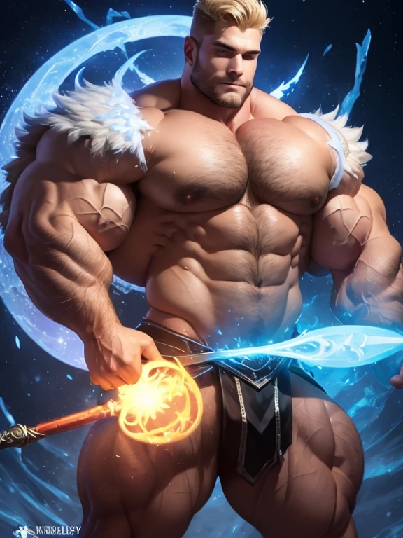 A frost mage is shaping two spirals of  frozen fire around himself. He is an absolute muscle monster, 20 years old short blond hair and stubble. Obscenely wide shoulders and traps. Very defined ‘V’ body shape with a narrow waist. Well defined six pack. Exceptionally hairy chest. Spinning a fire dagger around himself