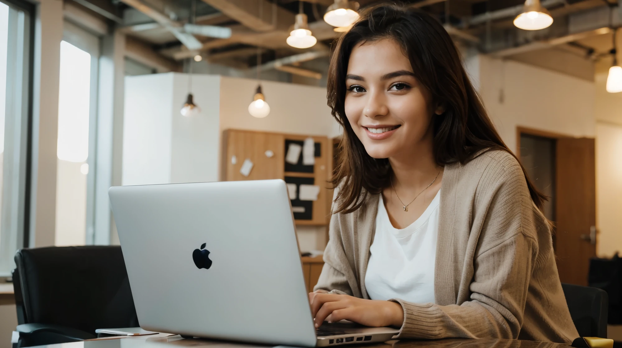 Close up portrait of young beautiful woman smiling while working with laptop in office, copy space