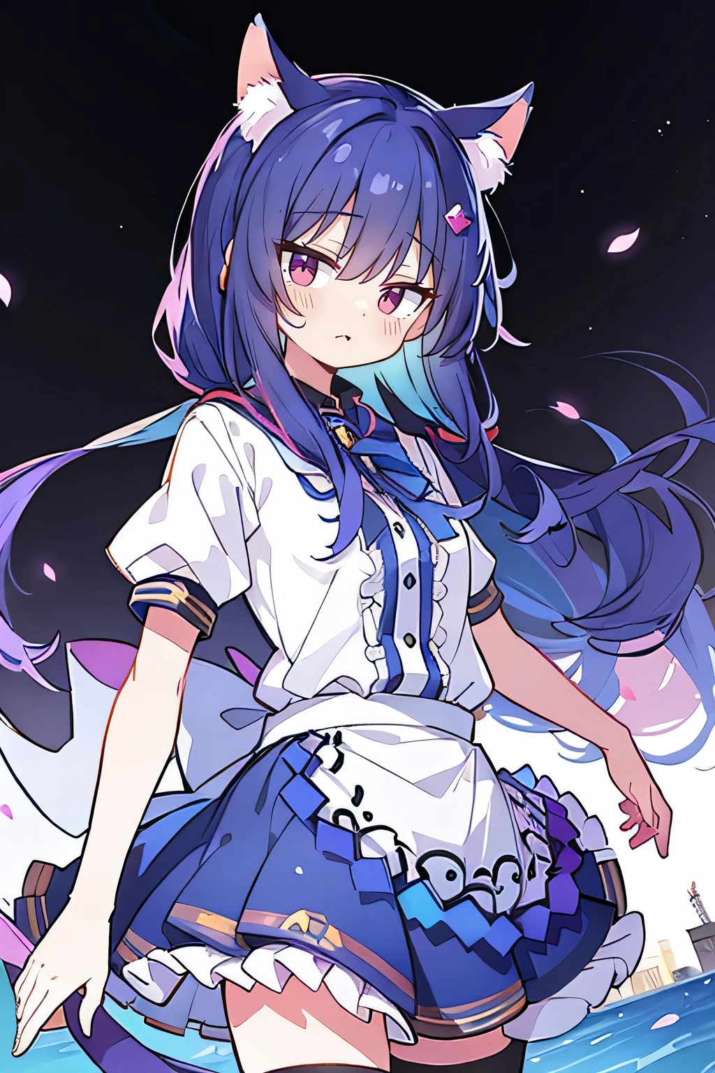 (masterpiece:1.2),Super detailed,lifelike,Expressive eyes,fair skin,perfect face shape,1 girl,
Japanese comics,Gorgeous blue hair,flowing blue hair,flowing clothes,Cat ears,Petals fall,beautiful lola,Baby Angel,
Shaking head with one hand,Cross your legs,Gentle and peaceful background,The pavilion is cool and comfortable,smile, wearing hoodie, background of tokyo,back views,snowing, winter,lie on the water. (Best Quality: 1.3), (Masterpiece: 1.3), (Illustration: 1.3), (Ultra Detailed: 1.3), (Imide Lens: 0.9), 1girl, Medium Breasts, Purple Eyes, ((Dark Blue Hair) ), hair accessories, young, clothing-gladiia, long hair, dark blue hair, indoors, black shorts, high socks, low ponytail, expressionless, upper body, close-up, coat, skirt,