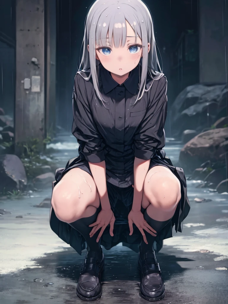 Squat down and spread your legs、Gray-haired、one person、Wet Skin、heavy rain、、dark、Wet Hair、Wet clothes、girl、blue eyes、Small face
