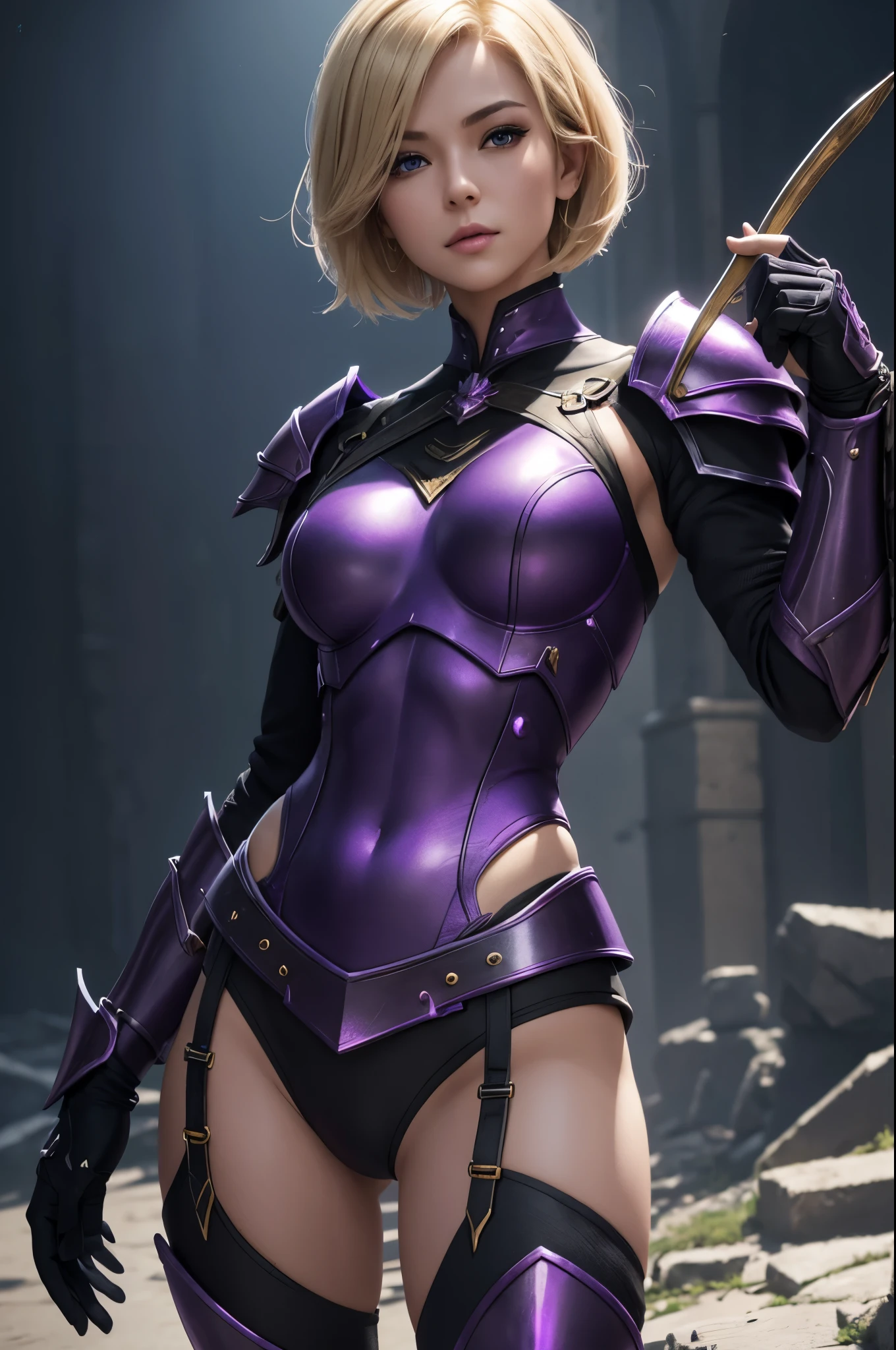 8K,Short blonde bob hair,Super Beauty,Arafed woman in purple and black breast armor posing with a bow, super detailed Fantasy Characterss, 3D Rendering Character Art,ArtJam ; 3D Unreal Engine, Fantasy Costume, 4 k detail fantasy, Stunning Armor, Fantasy Characters, Gorgeous Female Paladin, Amazing character art,masterpiece,Photorealistic RAW photos of the highest quality。Bright colors,Rich colors, Backlight, Cinema Lighting, Film Grain, to be born, 50mm lens, Nikon D850,Ultra-high resolution,Ultra-Realistic Skin,Perfect hand shape,Fantastic landscape,Makeup,Hard and strong abs,Possesses a gorgeous purple and black bow,Purple and black combat trousers,Dynamic pose,Ready your bow,Blonde short bob hair,Small breasts,Has a large and gorgeous bow,