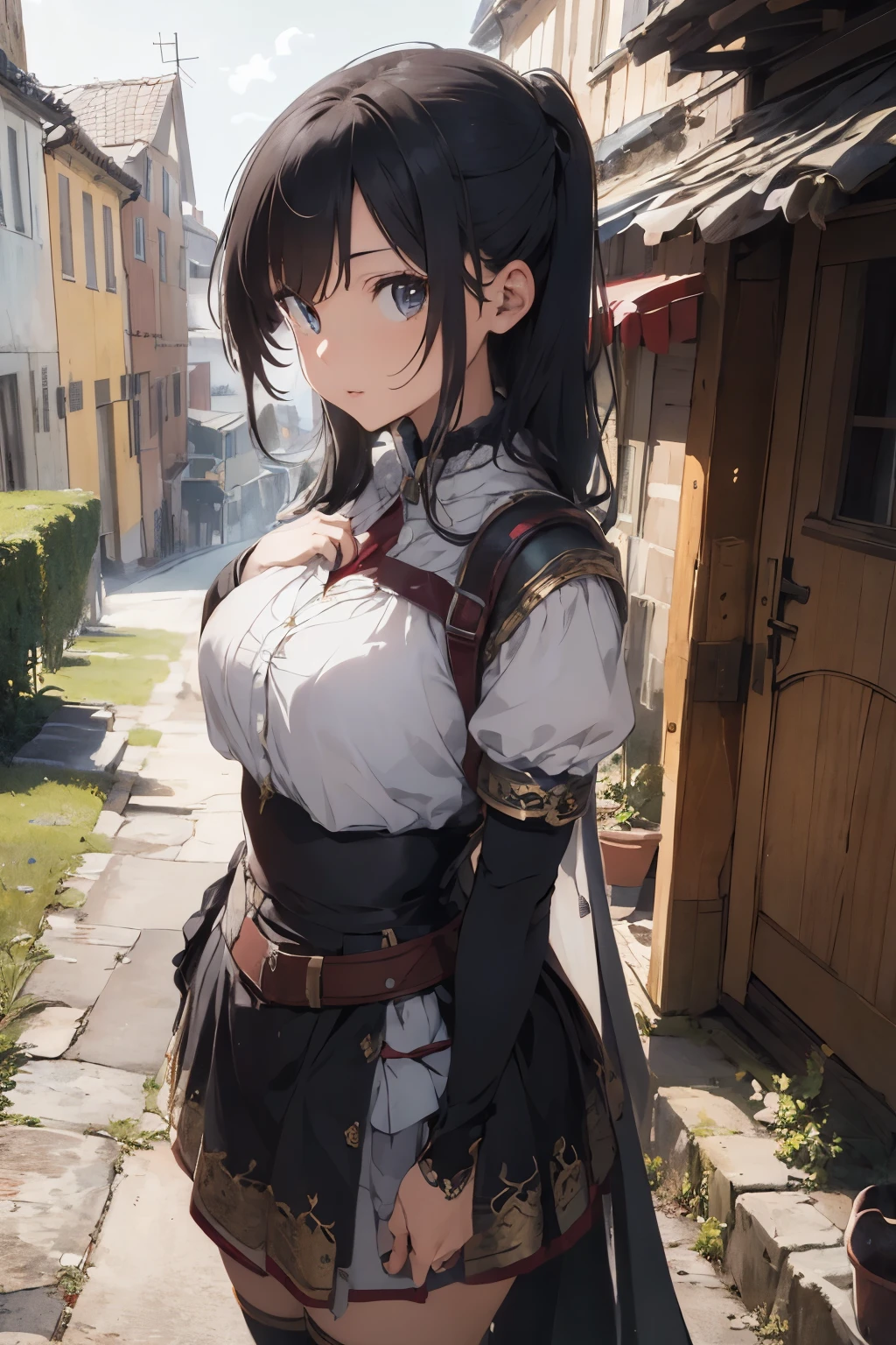 ((best quality)), ((masterpiece)), (detailed), 1girl, anime original character, full-length shot, lady warrior, confident, brave, old medieval village