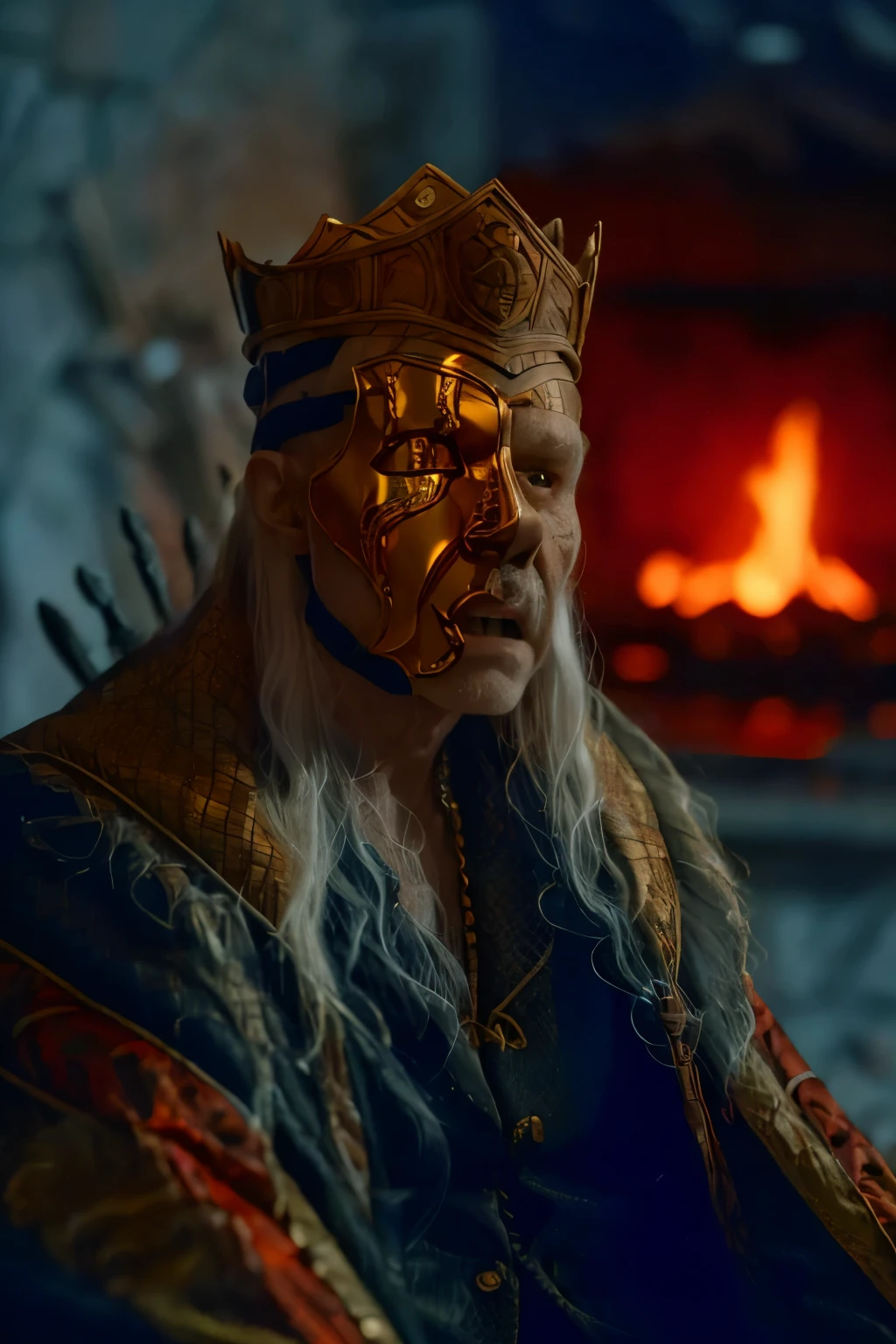 
(masterpiece, best quality:1.2), (((1 Man, male))), (((Cinematic epic poster))) of Sick Viserys ,((old man 80 years old)), (((hotting face))) , zombie , ((wearing a golden mask on half face, crown on her head)),  sitting on Iron Throne, Gothic style, (((detailed face))), (a detailed RAW photo of a ), (master part:1.0), (best quality:1.4), (Ultra Highres:1.2), (photorealistic:1.4), 8K resolution, Canon EOS R5, 50 millimeters, Absurd, Ultra Detailed, sharp focus, Cinematic lighting, detailed face, (ULZZANG-6500-V1.1), detailed skin texture, pale skin, chest round, (pale :0.5), Cinematic lighting. (((Abstract flame background, cinematic lighting ))) 