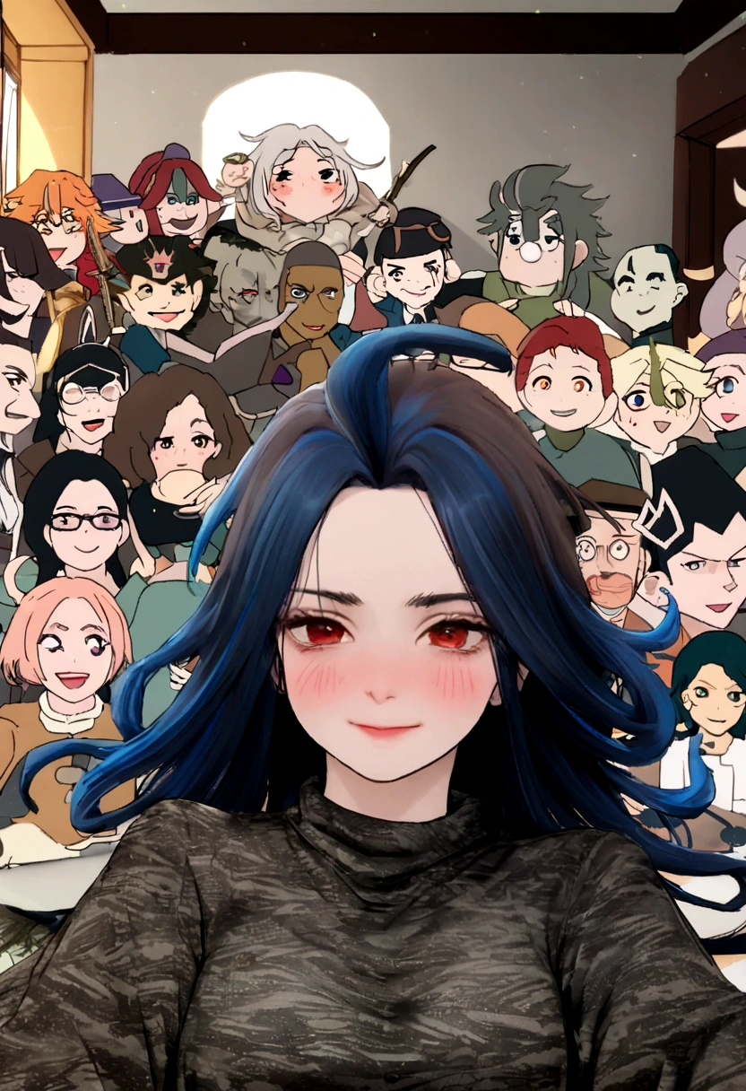 1 , bonito, cabelo preto, comma hair, forehead comma hair, cabelo coreano, estilo de rua, Moletom roxo, brilhante, olhos vermelhos, olhando para o espectador, tronco, cara feliz, olhando pra camera, olho castanho