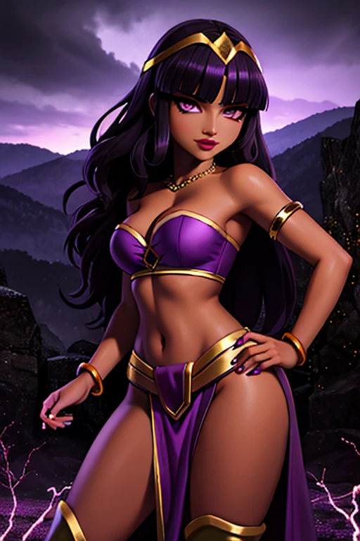 (best quality:1.3), (4K quality),masterpiece, best quality, high res, detailed, (Detailed face:1.2), (Detailed eyes:1.2), (Perfect figure:1.2), CARTOON, ANIME, CARTOON ARTSTYLE, Fantasy style, Fantasy setting, solo, 1girl, 25 year old woman, sorceress, (Dark skin:1.5), purple hair, wavy hair, long hair, purple eyes, mascaras purple eyeshadow, smile, purple lipstick, tattoos, medium breasts, waist, slender legs, attractive body, slim figure, perfect shape, (Wearing: golden headband, purple strapless top, purple loincloth, pelvic curtain, golden armlets, golden knee-high boots:1.3), highly detailed costume with intricate designs, looking at viewer, she's looking at the camera with an thrilled and confident smile, both hands glowing bright purple, purple magic, bright purple sparks in both hands, expressive expression, dark and mysterious aura, complex eye makeup, mystical energy radiating from her hands, electric purple orbs swirling around her, beautifully contoured face, fierce and confident posture, dark and dramatic lighting, vivid colors, intense purple and magenta color palette, individual spheres spinning at different speeds, translucent orbs emitting purple sparks, tracing of rays throughout the scene, illuminating the woman's silhouette with a mesmerizing glow, breathtaking visual effects, captivating and enchanting portrait, impressive level of detail in the woman's eyes and expression, attention to every intricate detail, BREAK (Night time, ethereal and magical atmosphere, outdoors, dark clouds in the sky, purple lighting, purple and magenta aroura's in the surroundings, gorgeous view of the mountains)