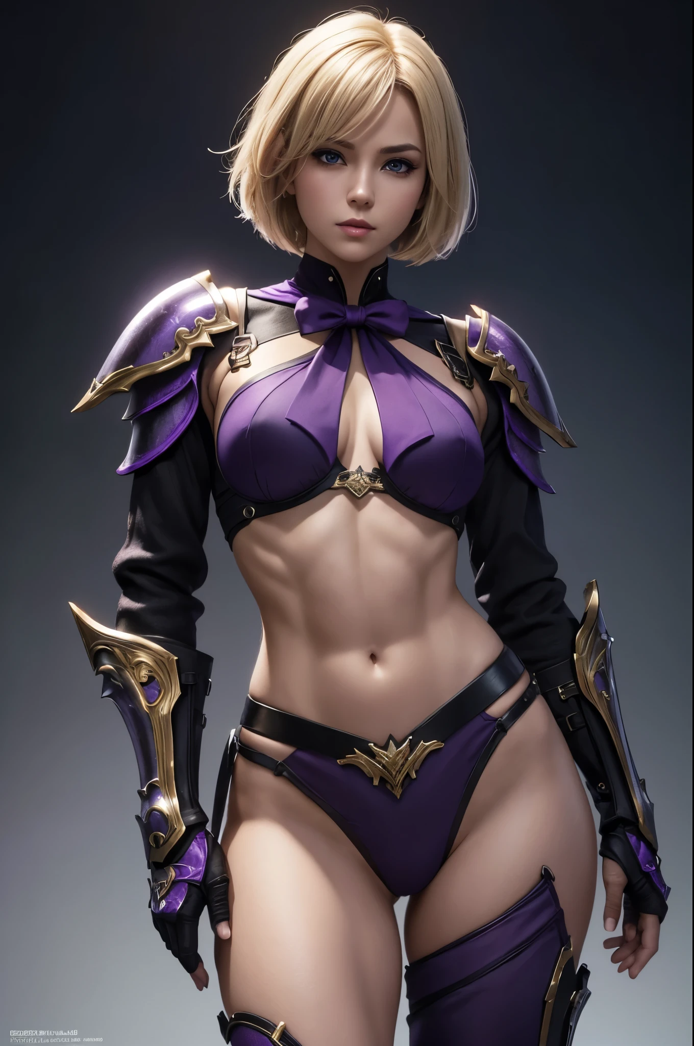 8K,Short blonde bob hair,Super Beauty,Arafed woman in purple and black breast armor posing with a bow, super detailed Fantasy Characterss, 3D Rendering Character Art,ArtJam ; 3D Unreal Engine, Fantasy Costume, 4 k detail fantasy,  Stunning Armor, Fantasy Characters, Gorgeous Female Paladin, Amazing character art,masterpiece,Photorealistic RAW photos of the highest quality。Bright colors,Rich colors, Backlight, Cinema Lighting, Film Grain, to be born, 50mm lens, Nikon D850,Ultra-high resolution,Ultra-Realistic Skin,Perfect hand shape,Fantastic landscape,Makeup,Hard and strong abs,Possesses a gorgeous purple and black bow,Purple and black combat trousers,Dynamic pose,Ready your bow,Blonde short bob hair,Small breasts,Has a large and gorgeous bow,Hard and strong abs,