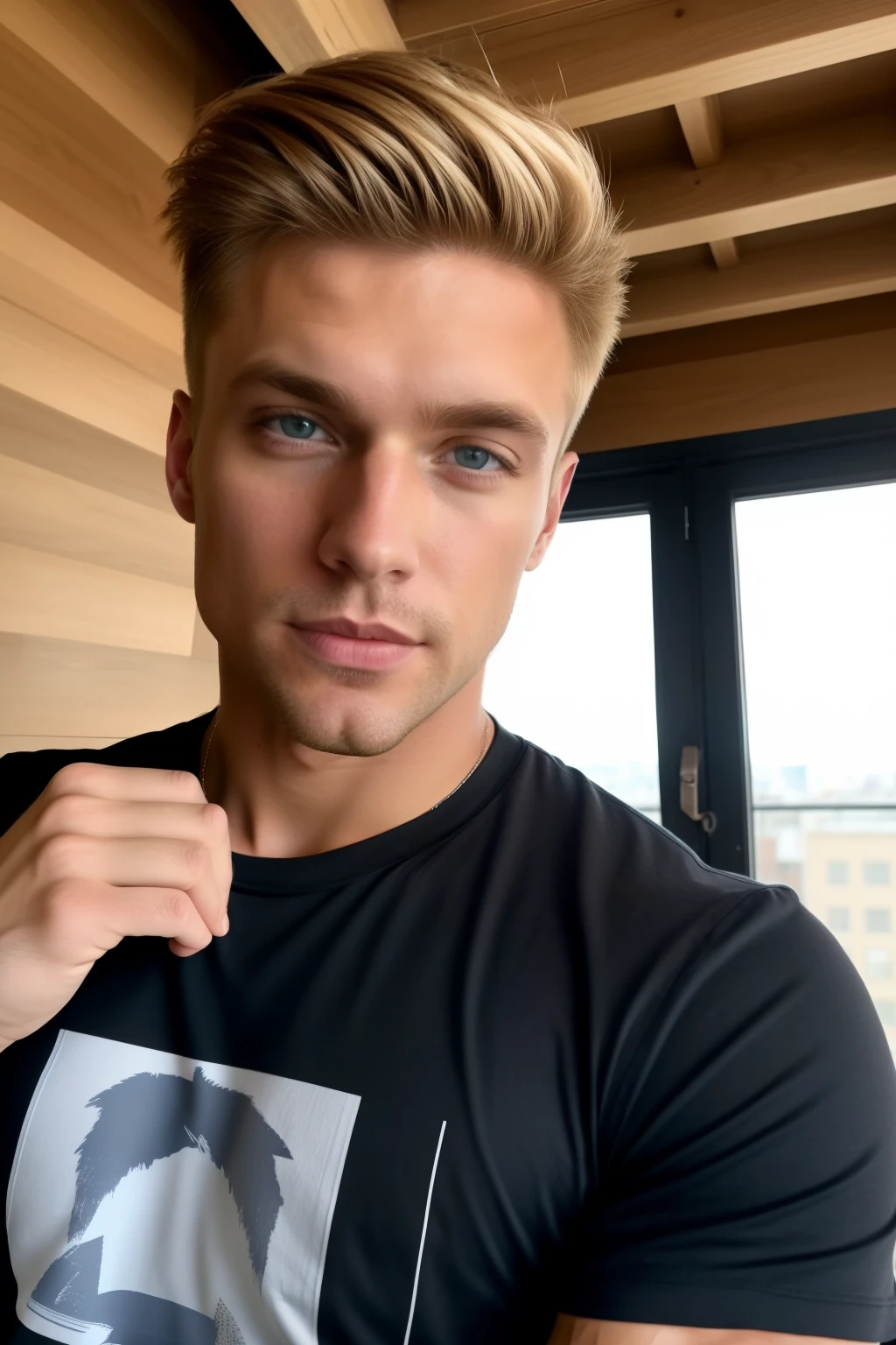 25-year-old blond man, muscular physique, handsome face with strong jawline, 9:16 selfie, short brown hair, tousled and slightly messy, deep blue eyes that sparkle with mischief, wearing a black t-shirt that highlights his toned chest, selfie in a modern loft, high-quality, selfie taken with iPhone X, seductive gaze into the camera, lean waist, broad shoulders, selfie with Instagram filter, #mancandy, #fitnessgoals, #selfiegame, Realistic photo, Nikon D850, Natural light, 4K, highest definition, .RAW, detailed realistic skin, soft