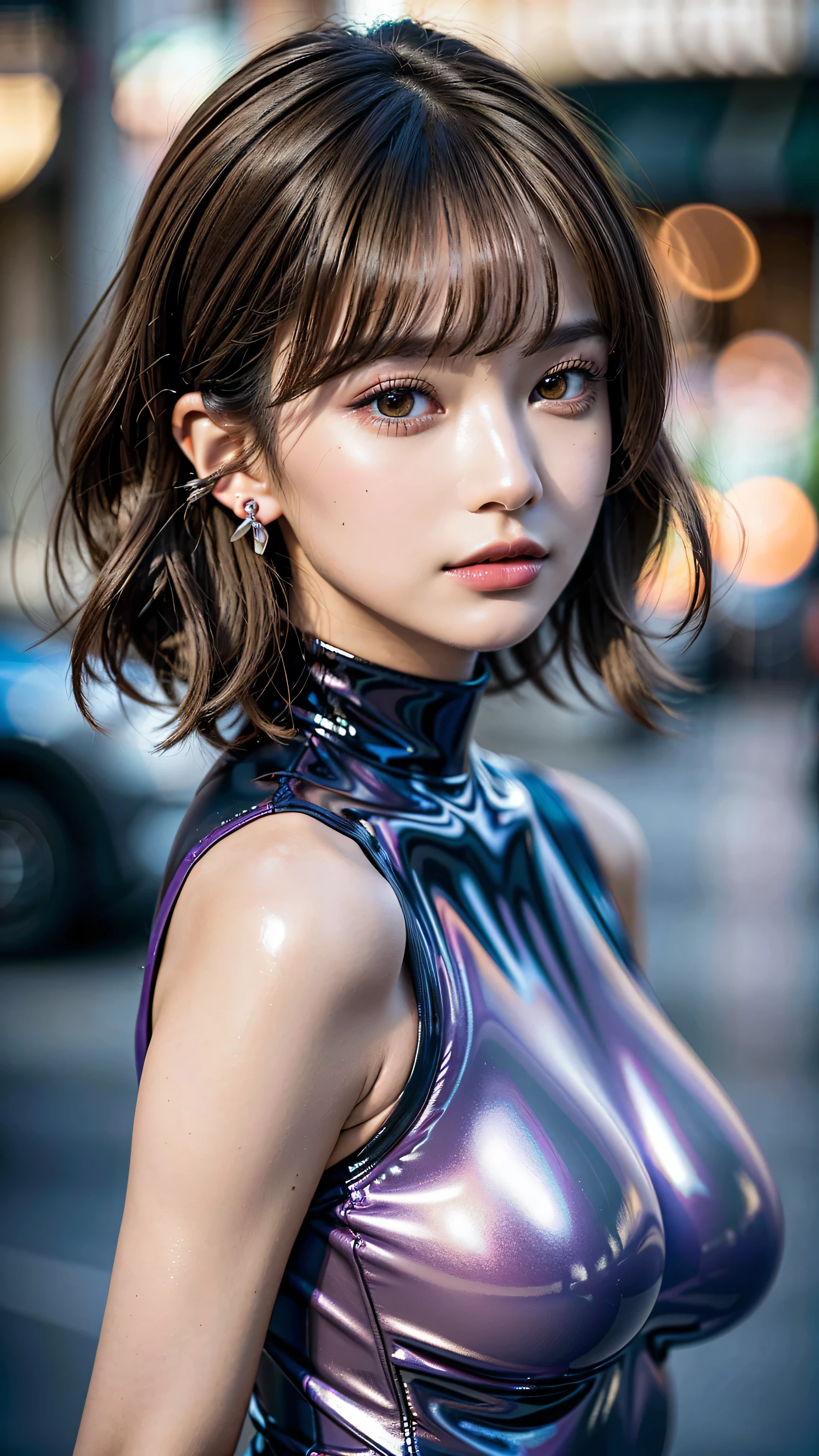 photorealistic Realism 8K, 16K Quality, (ultra absurd quality, extremely detailed detail, hyper resolution, clear sharp focus, not blurry, (Realistic brown_eyes:1.35)), ((perfect dark_eyeshadows:1.45)), (super Detailed, beautiful little nose:1.2), (perfect composition), Depth of field, cinematic light, Lens flare, (extremely beautiful face, beautiful lips , Beautiful eyes), Intricate detail face, best high quality real texture skin:1.3, A woman with velvety skin:1.33), ((best high quality real texture hair)), (short blonde hair, (wavy, combed up, behind the ear), extremely detailed:1.38)), photo of the most beautiful artwork in the world, professional majestic (photography by Steve McCurry), 8k uhd, dslr, soft lighting, high quality, Fujifilm XT3 sharp focus, f 5.6, dramatic, (Anatomically correct perfect proportions), ((perfect hands:1.2)), (Super beautiful face: 1.33), ((perfect female body:1.4)), cute girl, ((firm and full breasts)), (the most absurd quality perfect eyes:1.35), ((super beautiful cute sharp-face)), (light pale complexion), transparent color pvc (Super Shiny purple Transparent Holographic Full Bodysuit:1.3) , Ultra-tight fit bodysuit with super reflective surfaces, ((Upper body shot)),