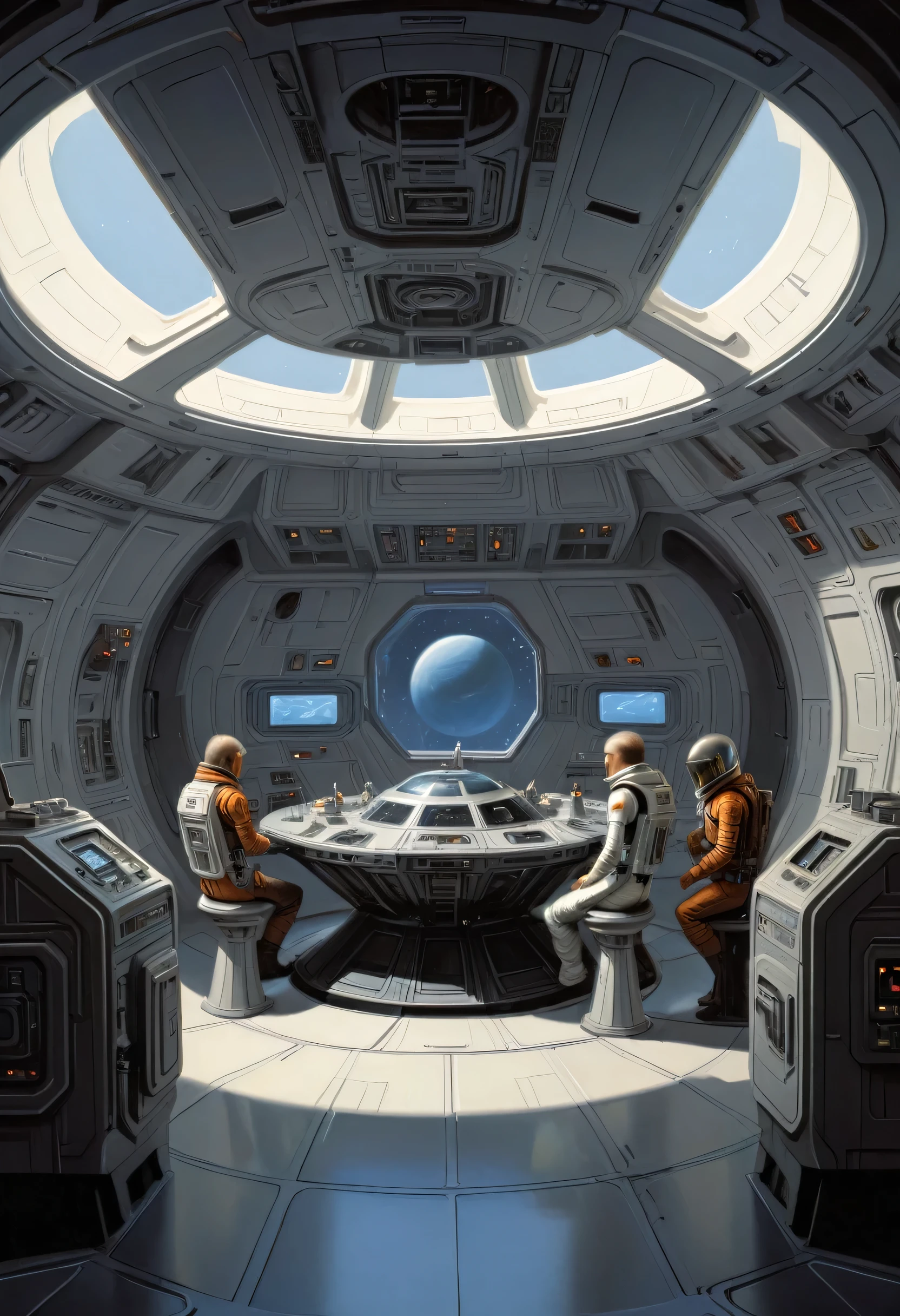 Inside the spacecraft, fully functional room, by Ralph McQuarrie, enhance, intricate, (best quality, masterpiece, Representative work, official art, Professional, 8k)