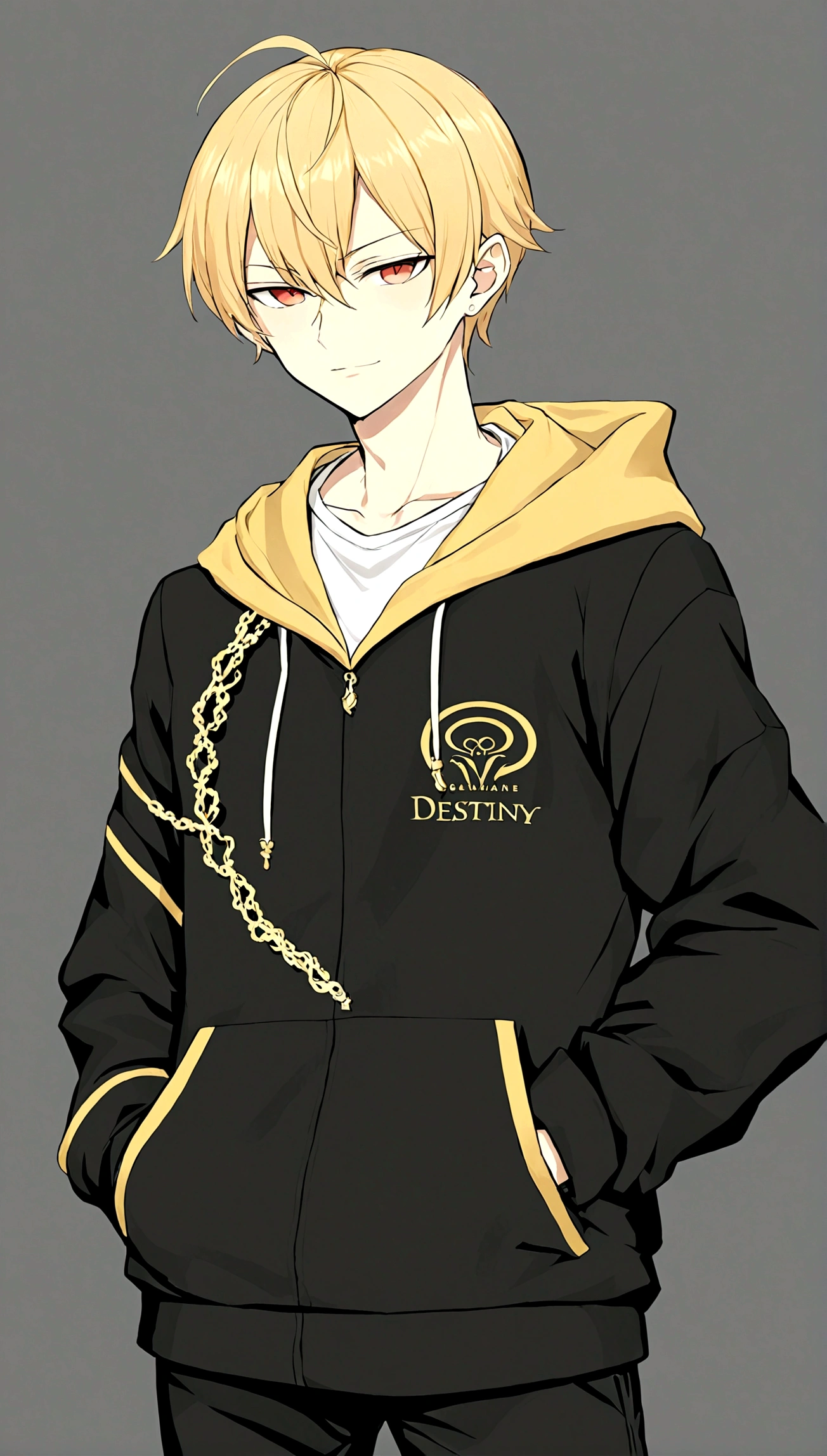 1boy,Black jacket,hoodie,White shirt,blond,gilgamesh \ (destiny \),Hands in pockets,hood,hood向下,hoodie,Male focus,Red Eyes